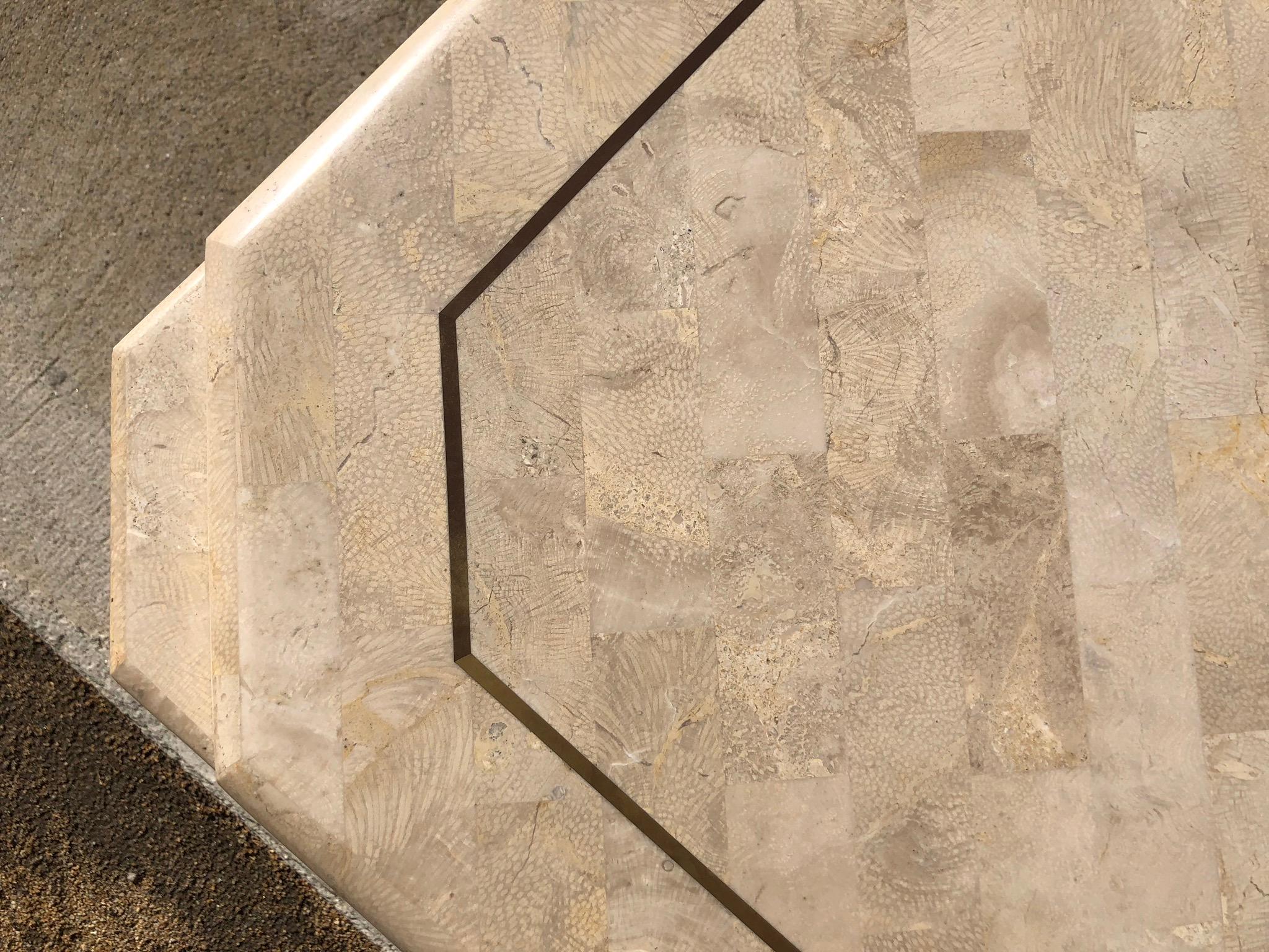 Modern Fossil Stone and Brass Cocktail Table by Maitland Smith