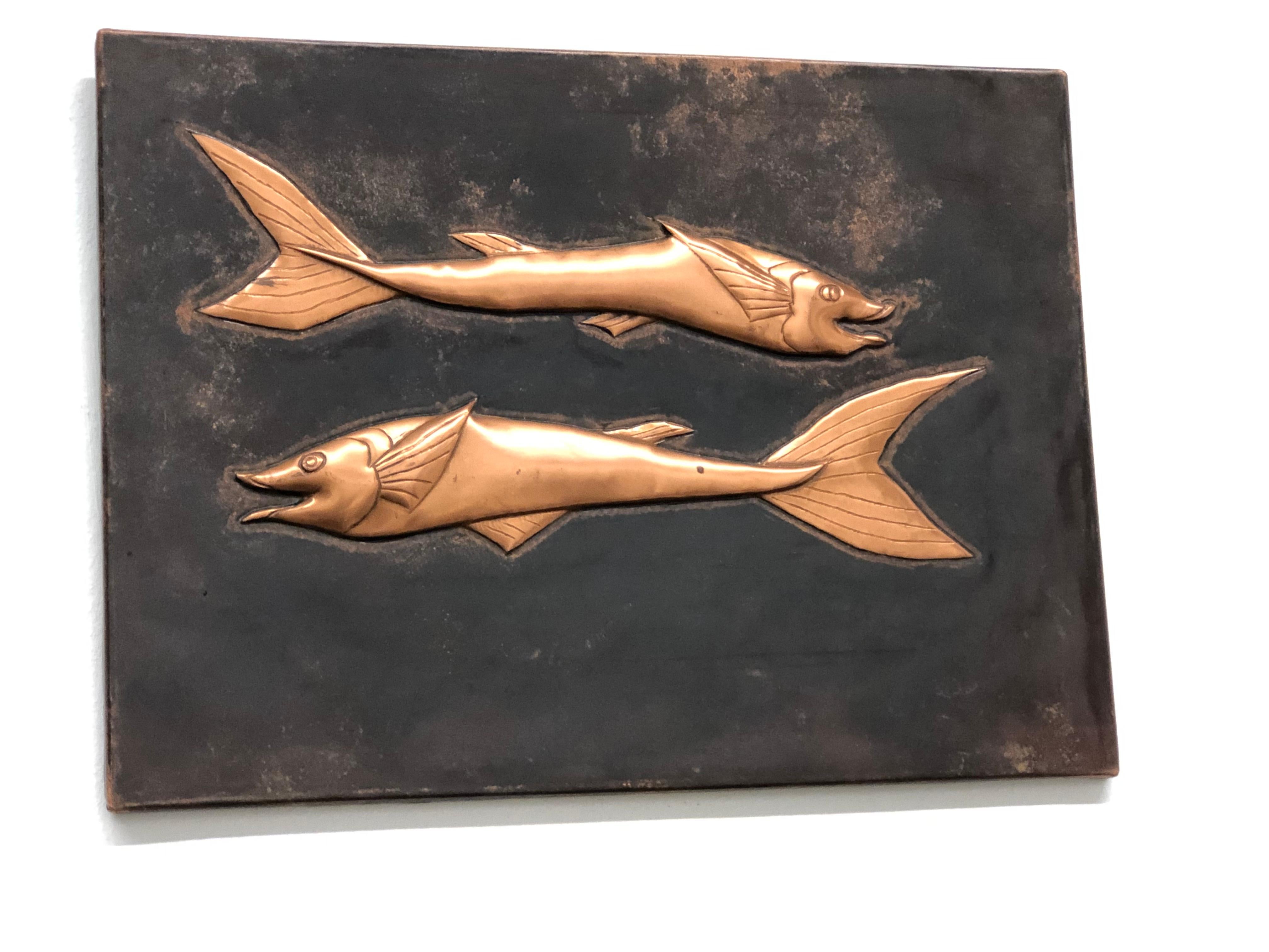 A beautiful, vintage copper Sturgeon Fish themed wall decor picture. It would make a beautiful ornament at your wall. Vibrant colors and excellent craftsmanship. Also a great wall hanging for any office or waiting area. Made in the 1970s it displays