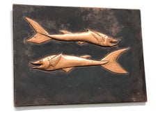Fossil Sturgeon Fish Copper Wall Decoration Wall Panel Picture Vintage, 1970s