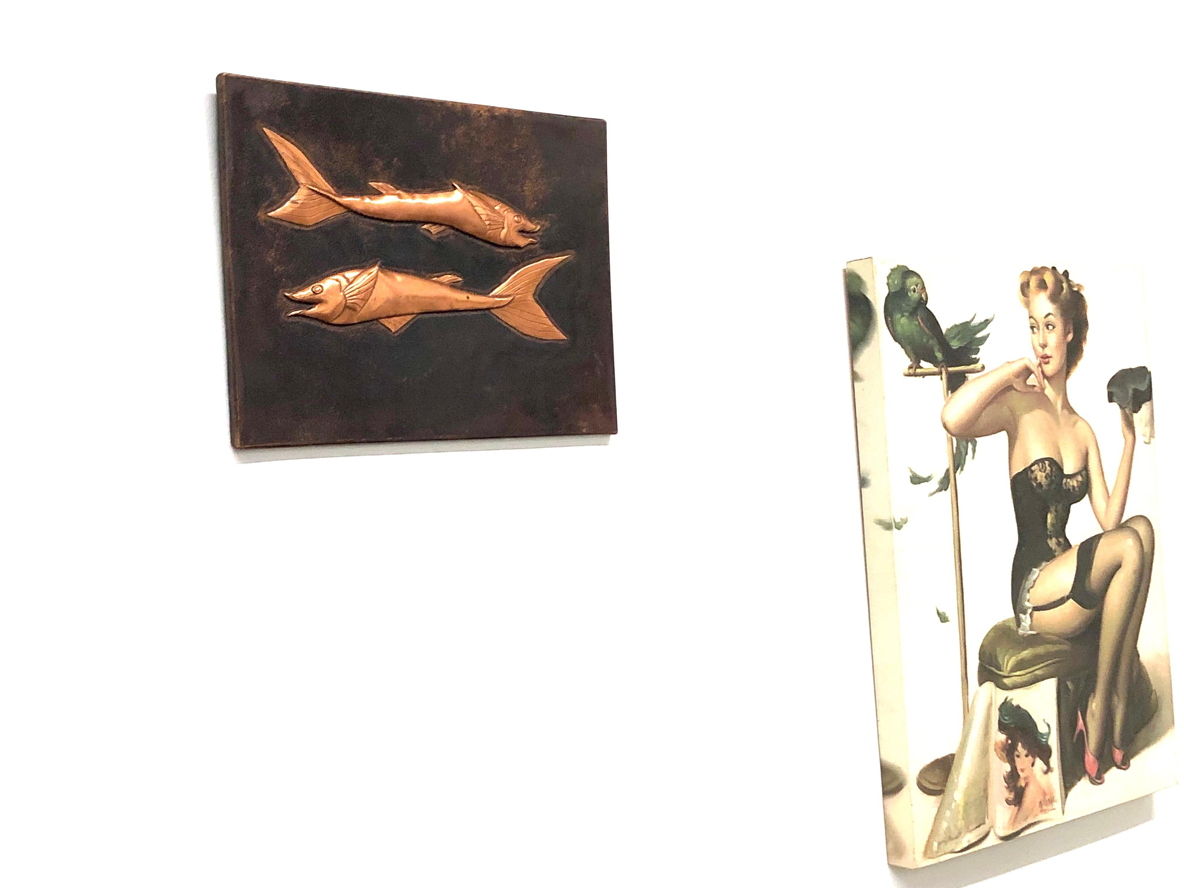German Fossil Sturgeon Fish Copper Wall Decoration Wall Panel Picture Vintage, 1970s