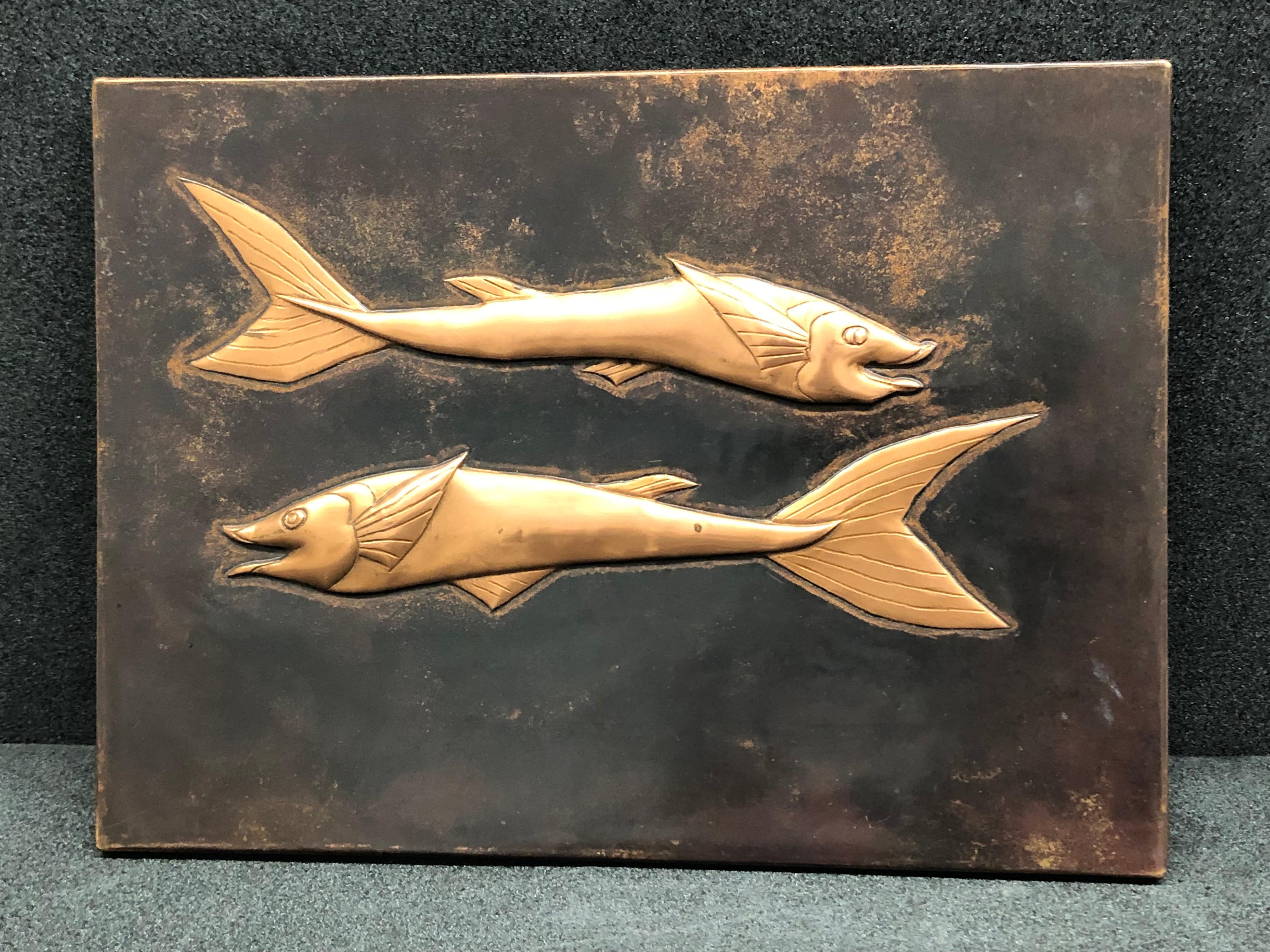 Hand-Crafted Fossil Sturgeon Fish Copper Wall Decoration Wall Panel Picture Vintage, 1970s