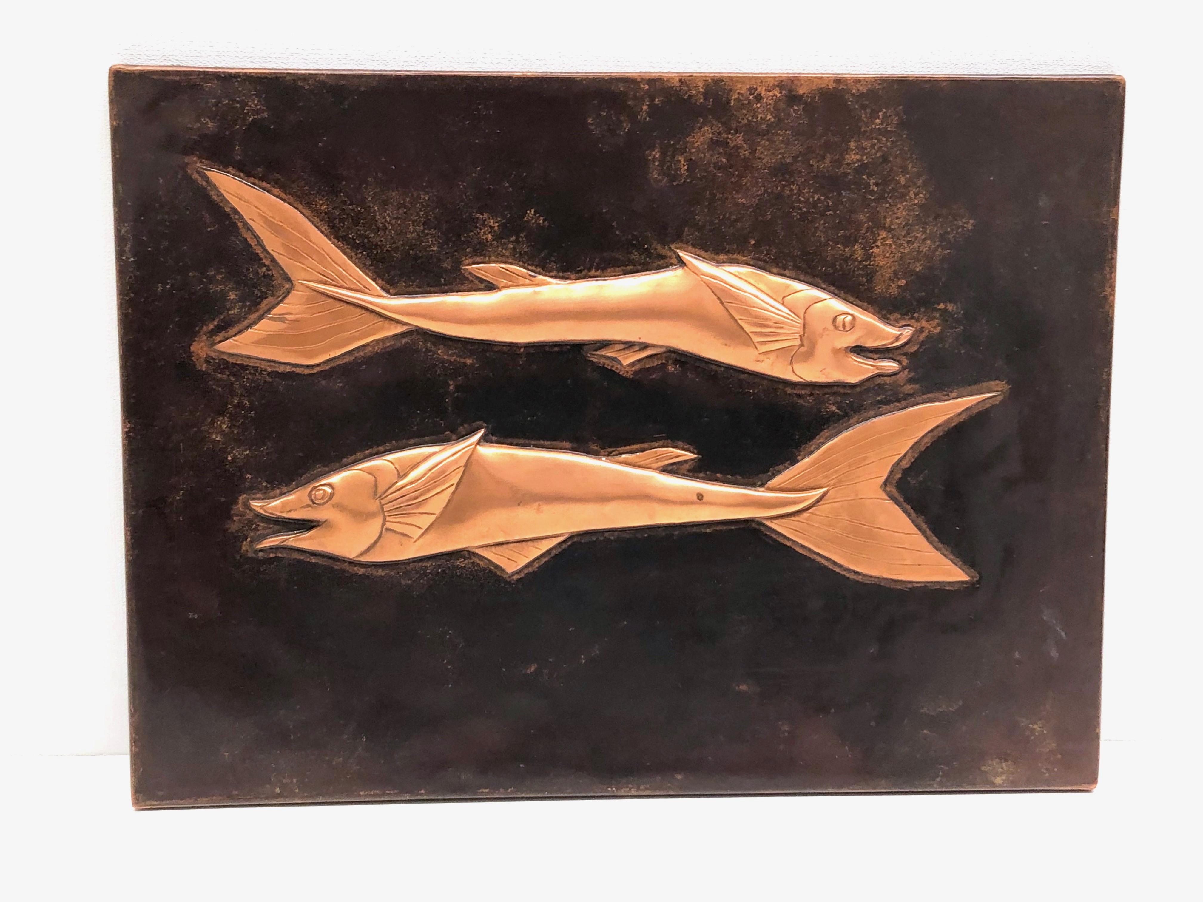 Late 20th Century Fossil Sturgeon Fish Copper Wall Decoration Wall Panel Picture Vintage, 1970s
