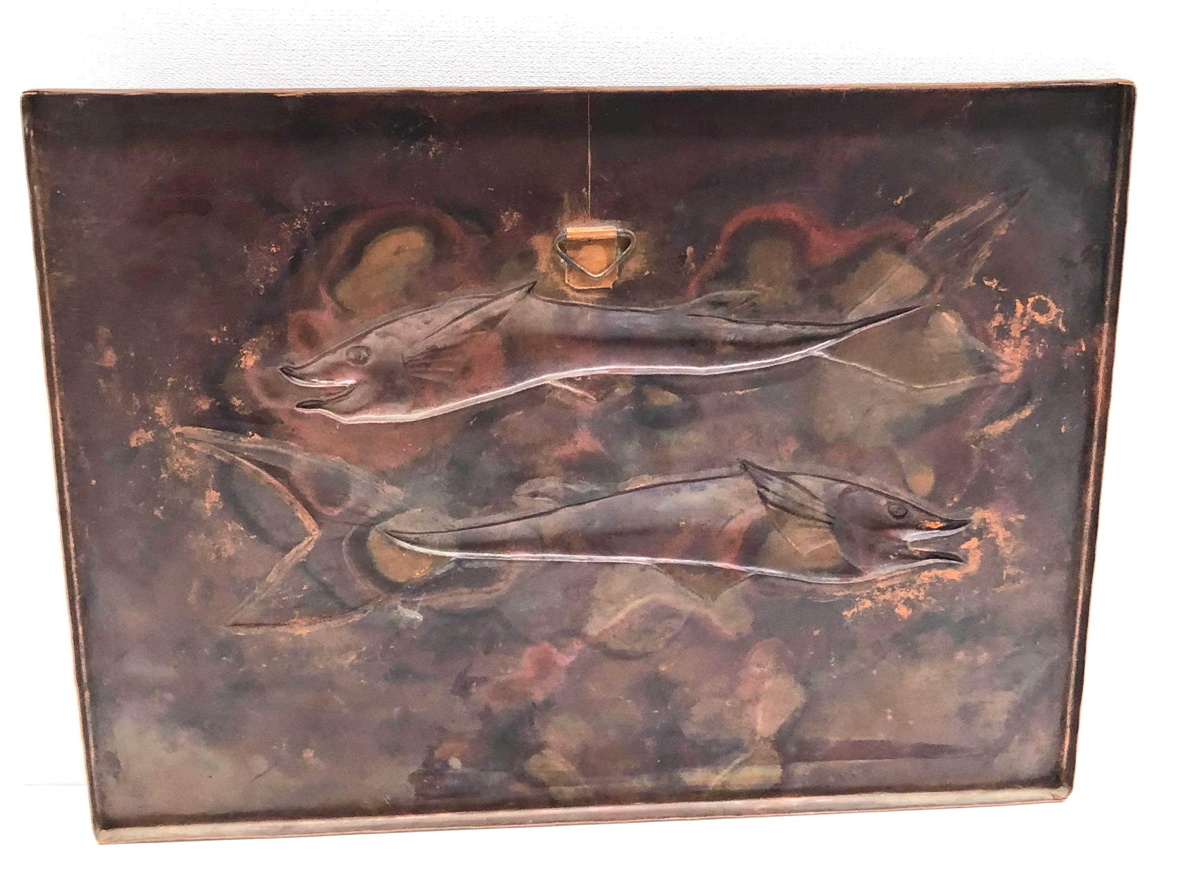 Fossil Sturgeon Fish Copper Wall Decoration Wall Panel Picture Vintage, 1970s 1