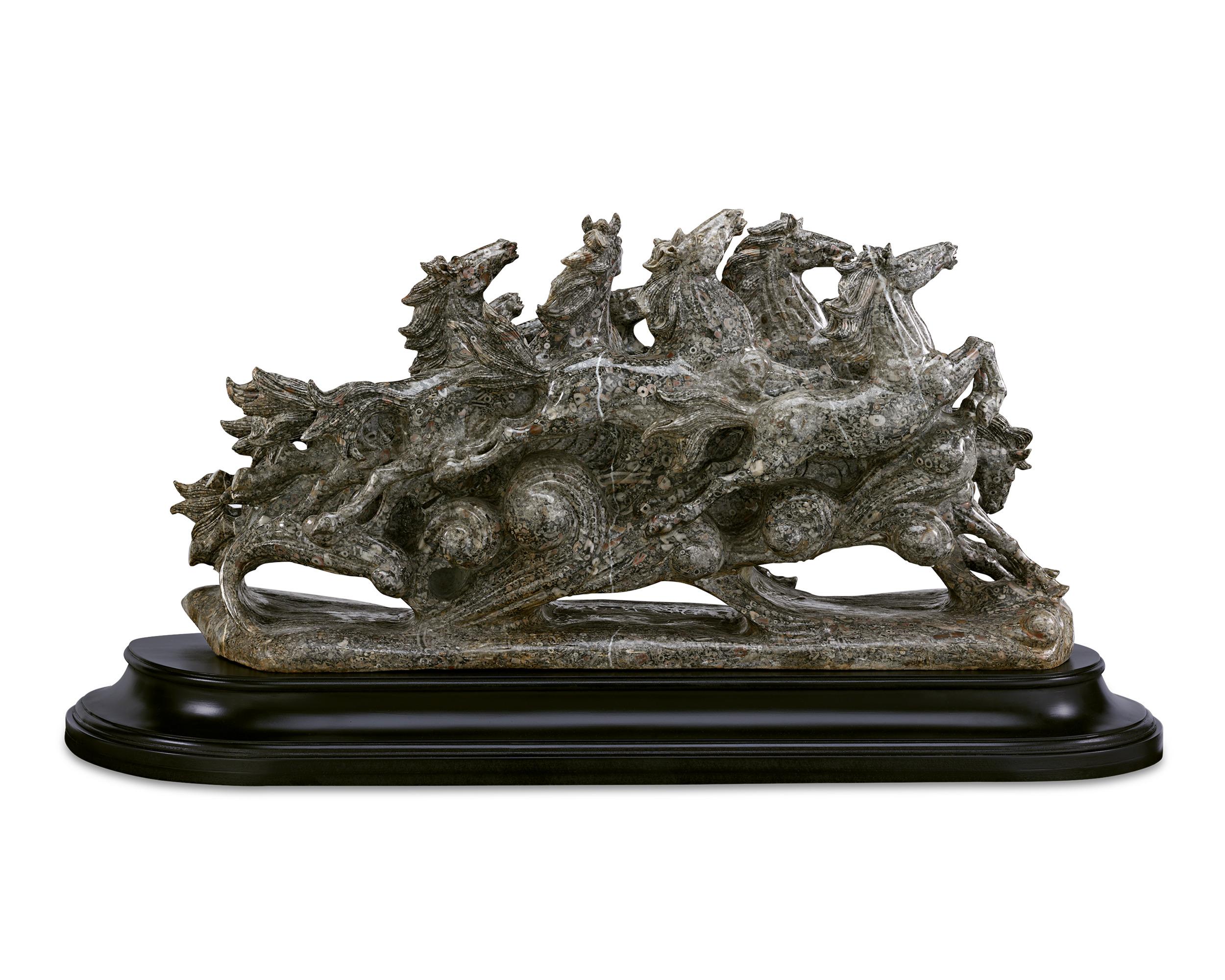 Italian Fossiliferous Crinoid Marble Sculpture Of Wild Horses For Sale