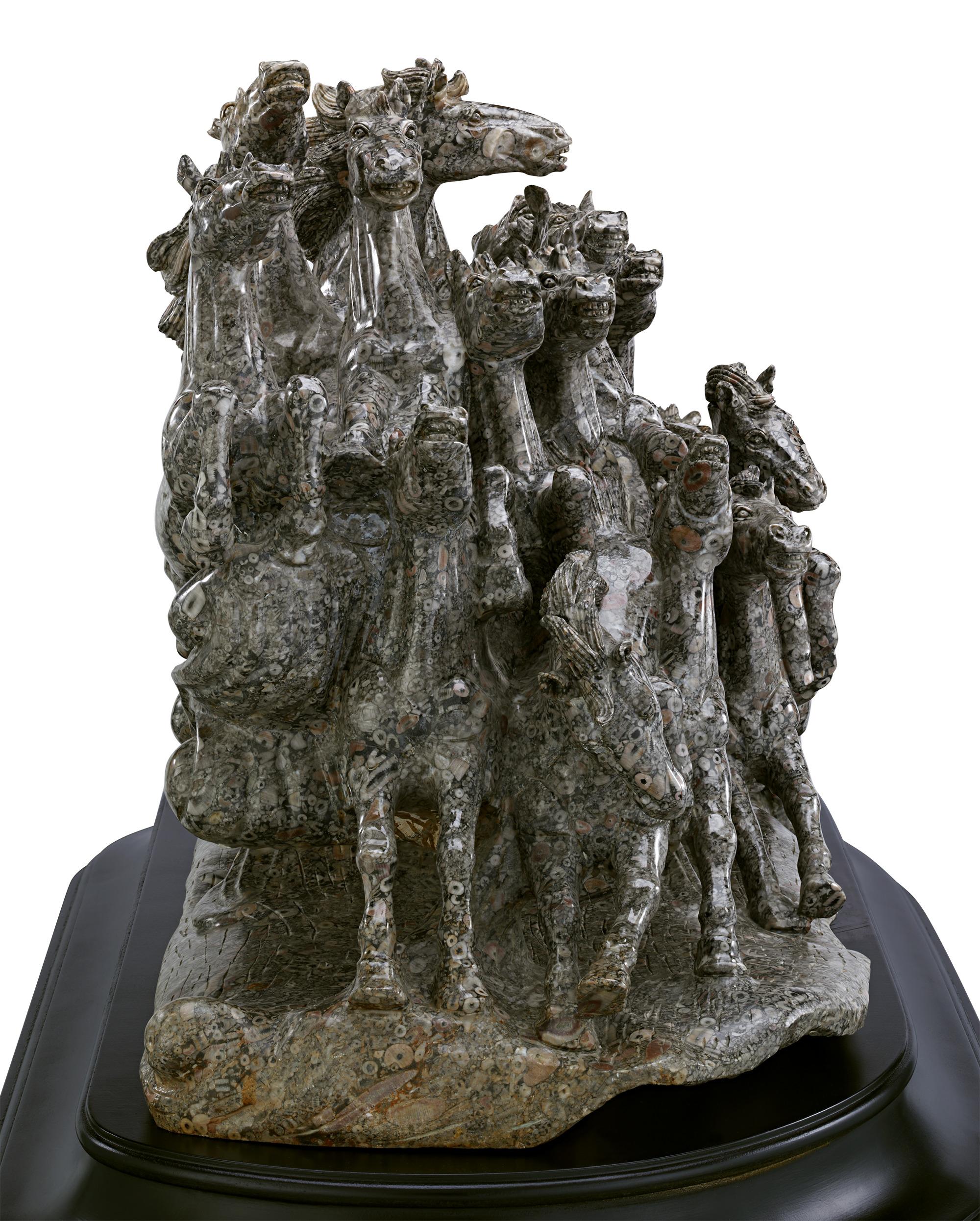 Fossiliferous Crinoid Marble Sculpture Of Wild Horses In Excellent Condition For Sale In New Orleans, LA