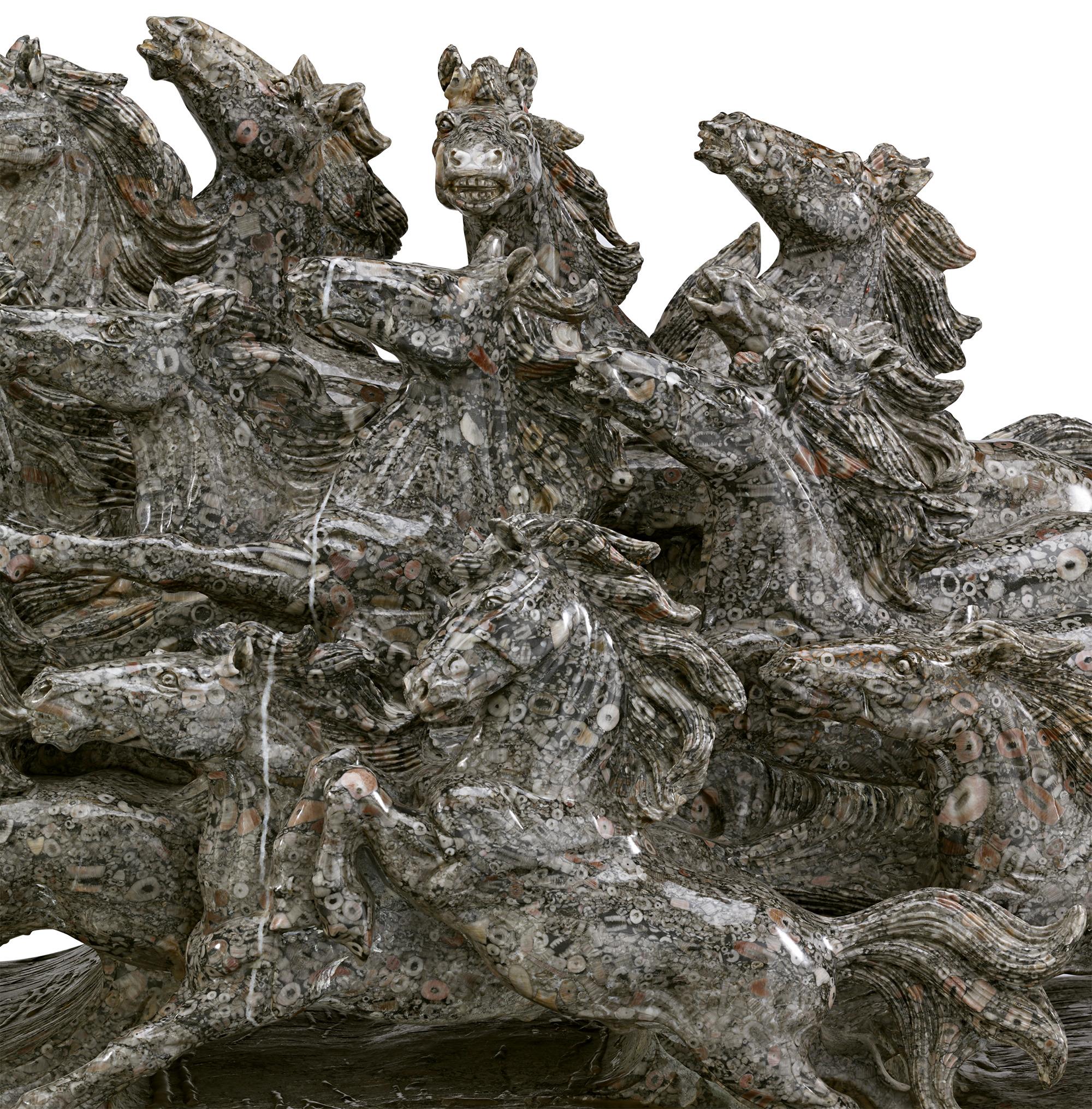 20th Century Fossiliferous Crinoid Marble Sculpture Of Wild Horses For Sale