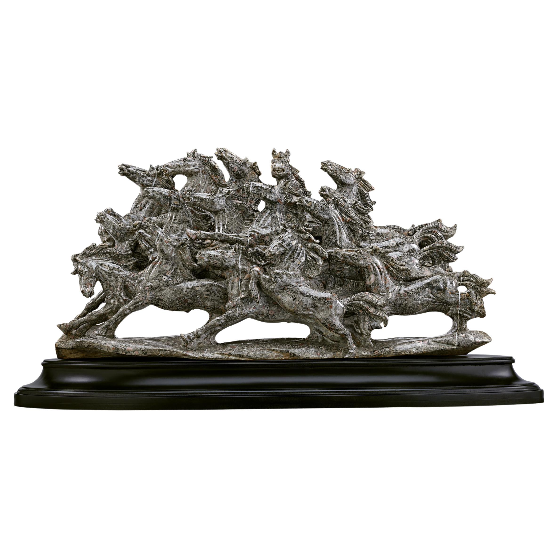 Fossiliferous Crinoid Marble Sculpture Of Wild Horses For Sale