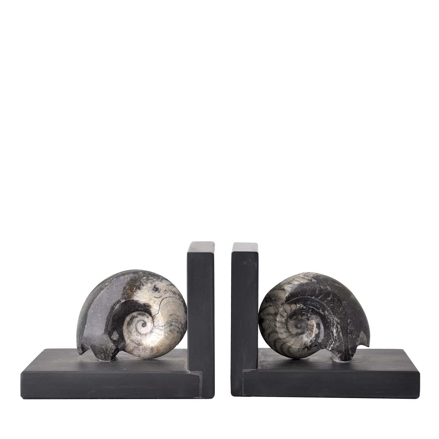 Mounted on chic slabs of slate in an L shape, these bookends feature authentic manticoceras fossil shells, guaranteeing that no two are exactly alike - ever - thanks to the pieces' organic patterns and tones. Monochromatic, linear and elegant, the