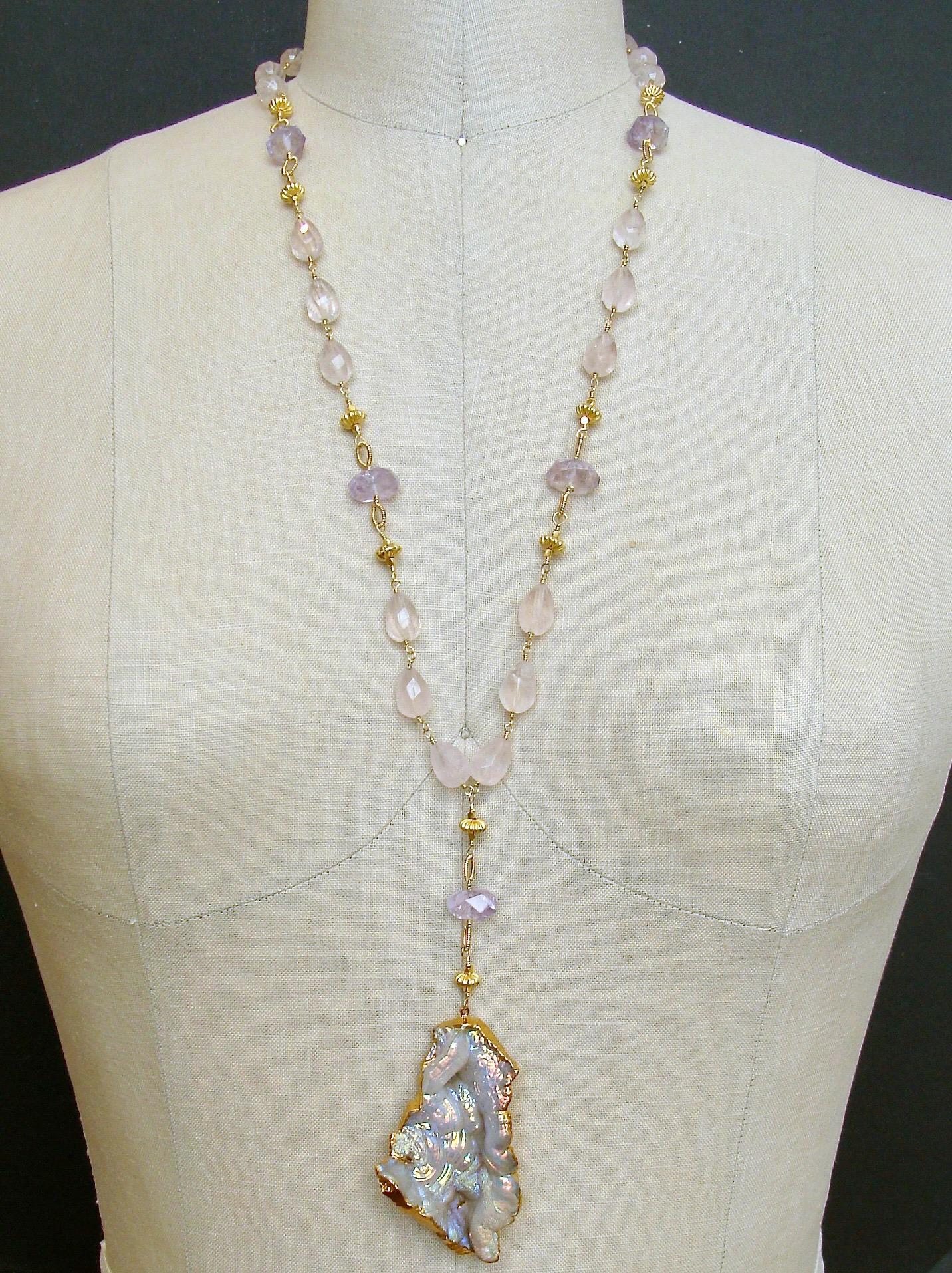 Artisan Fossilized Aura Coral Pink Amethyst Rose Quartz Necklace, Violet II Necklace
