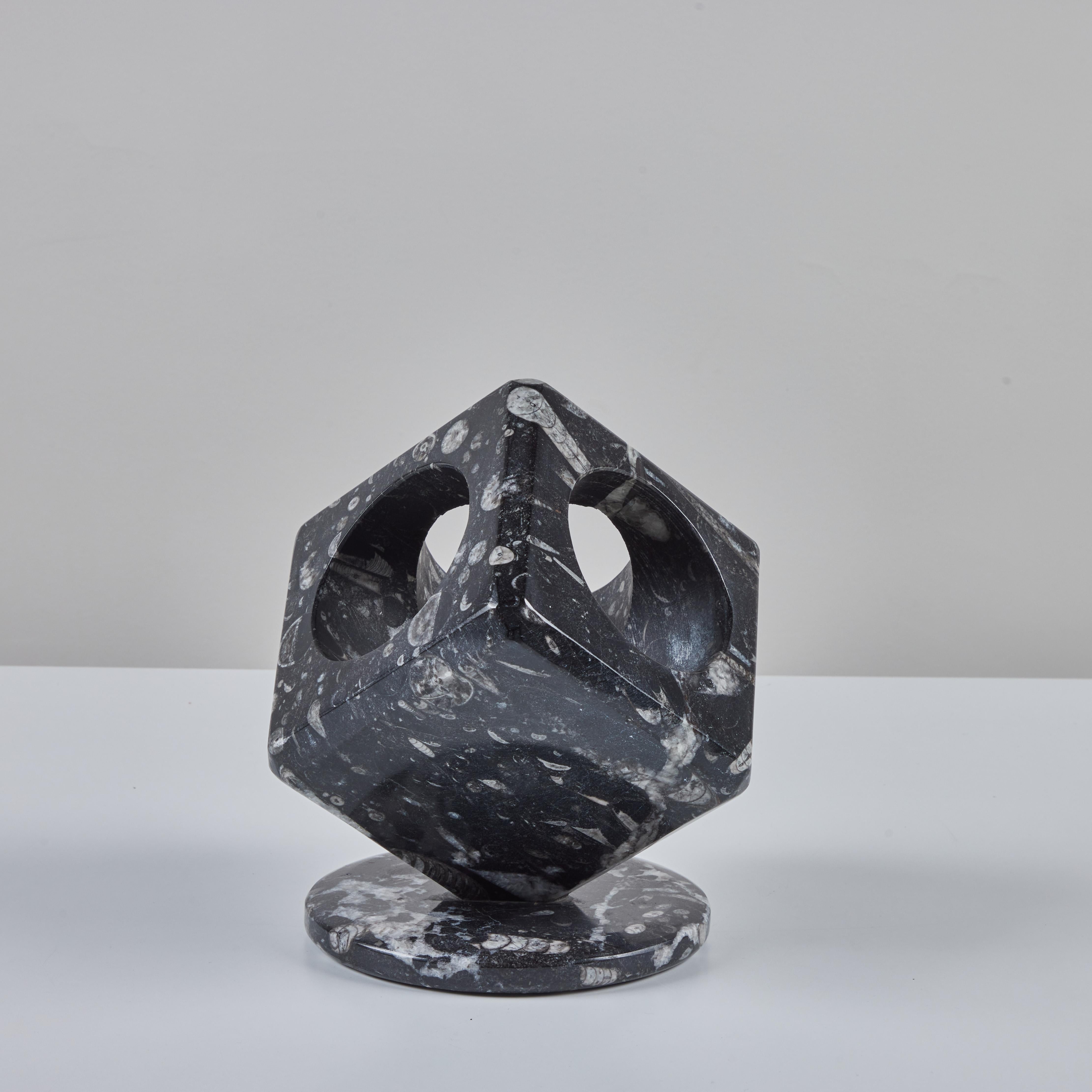 Unknown Fossilized Black Marble Cube Sculpture