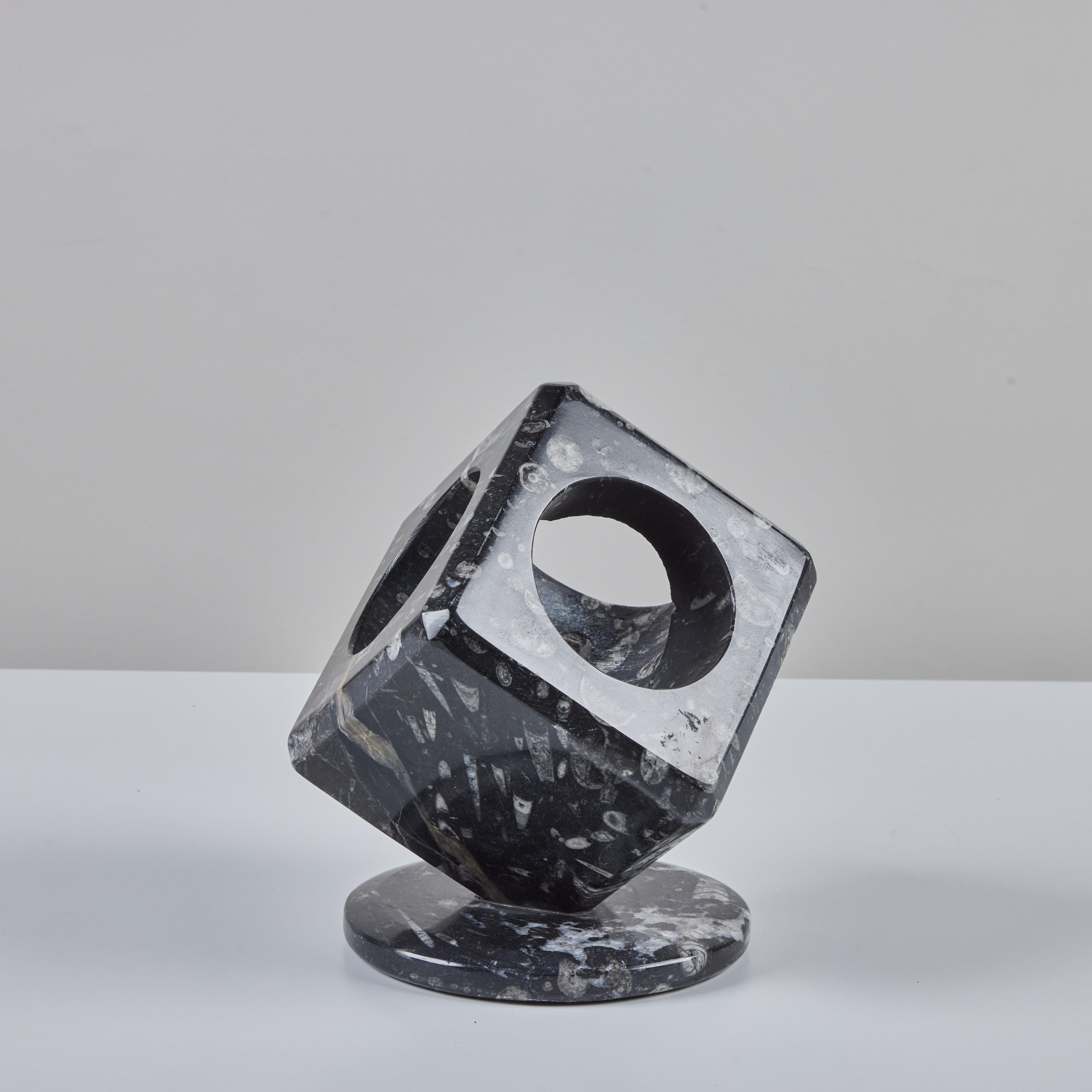 Fossilized Black Marble Cube Sculpture In Good Condition In Los Angeles, CA