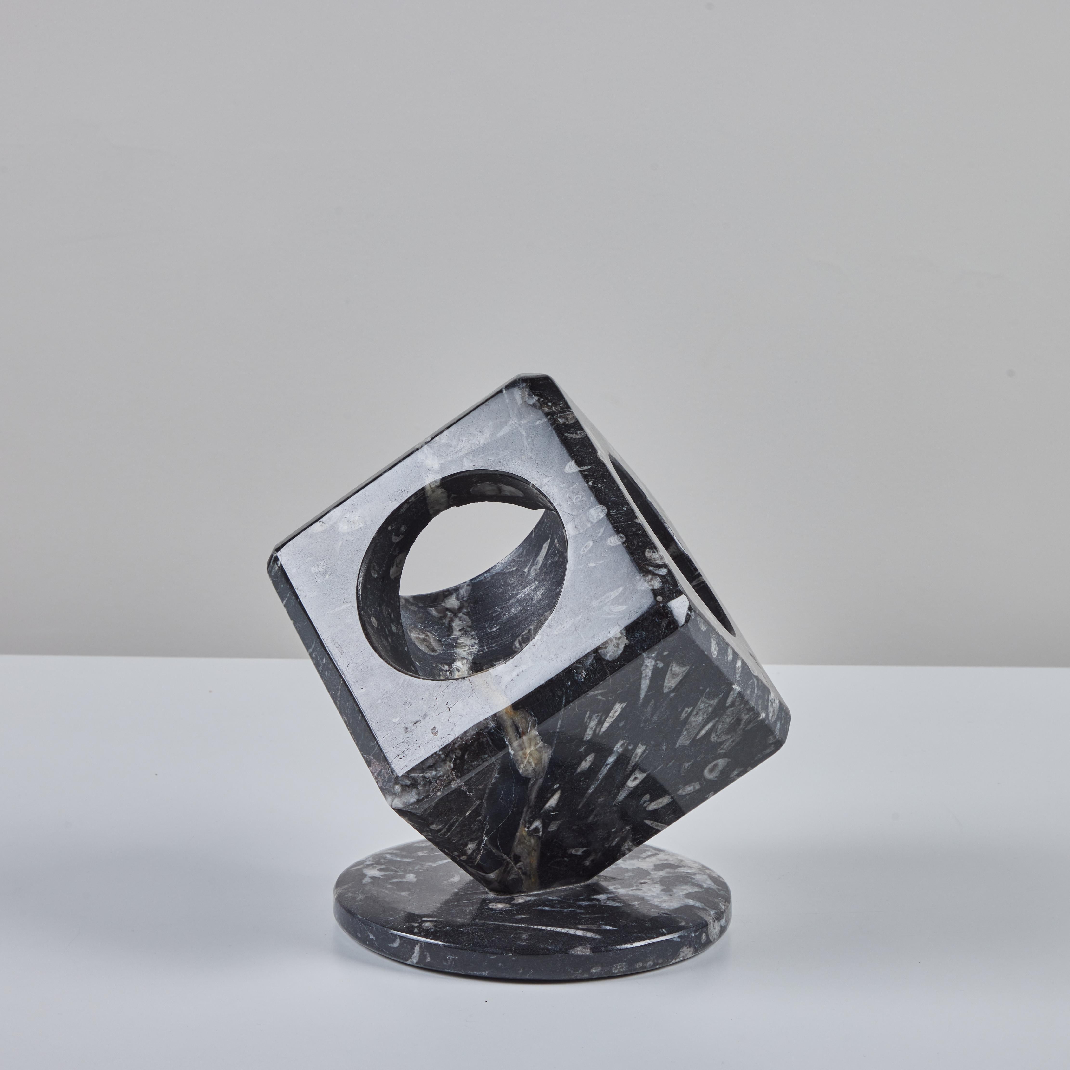20th Century Fossilized Black Marble Cube Sculpture
