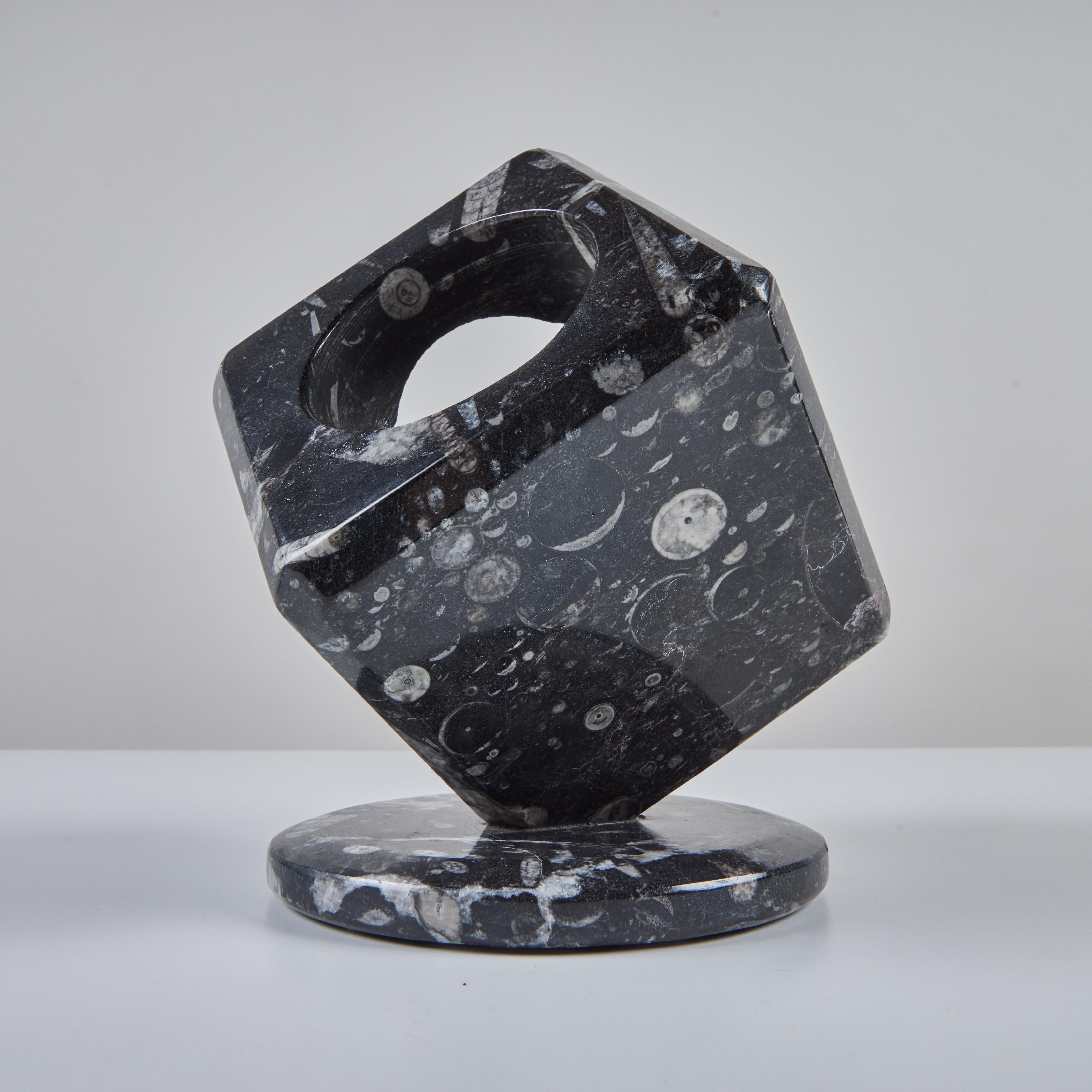 Fossilized Black Marble Cube Sculpture 1