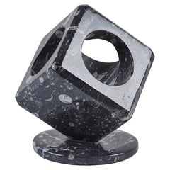 Vintage Fossilized Black Marble Cube Sculpture