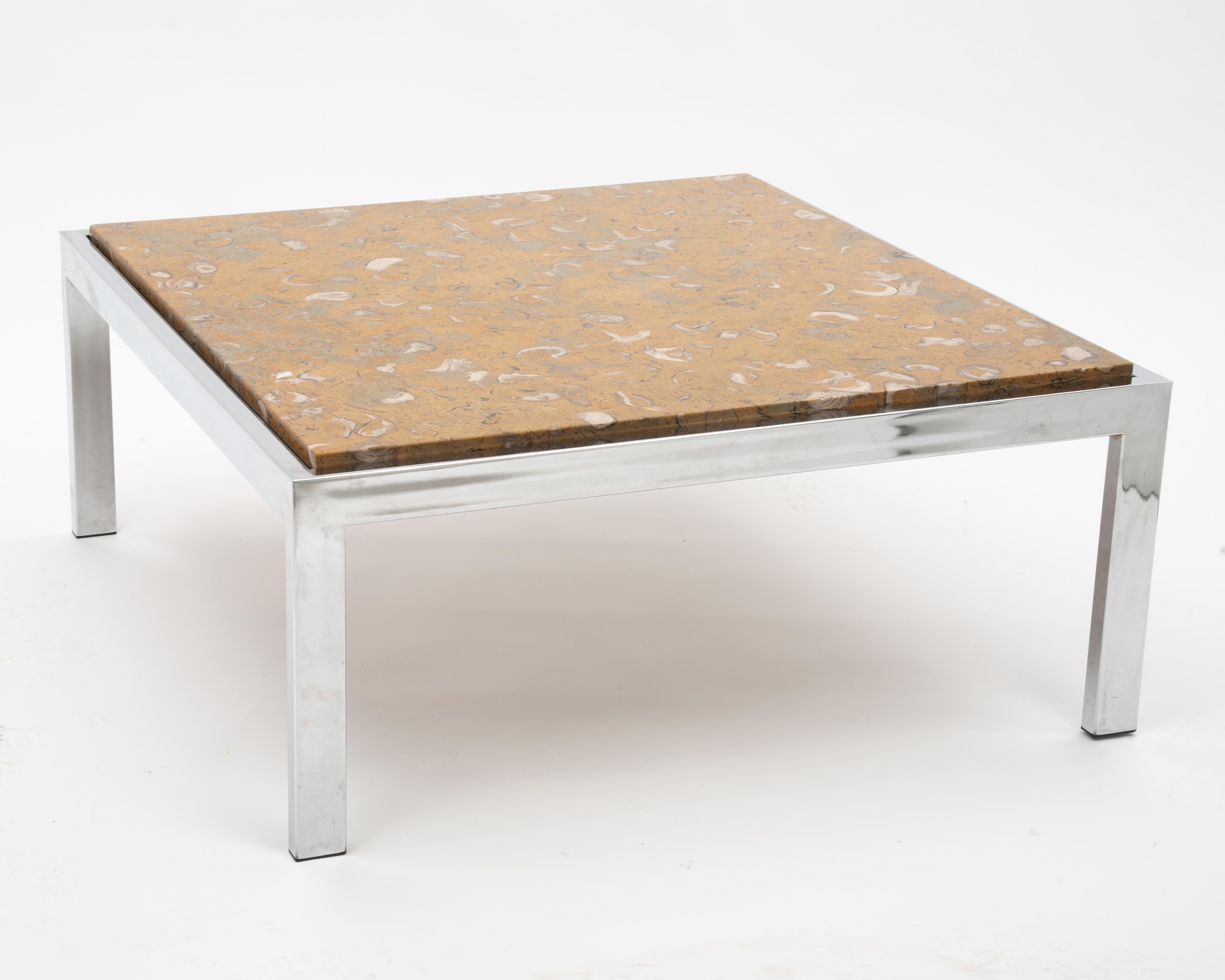 Mid-Century Modern Fossilized Marble Chrome Coffee Table Leon Rosen Pace Collection, 1970s For Sale