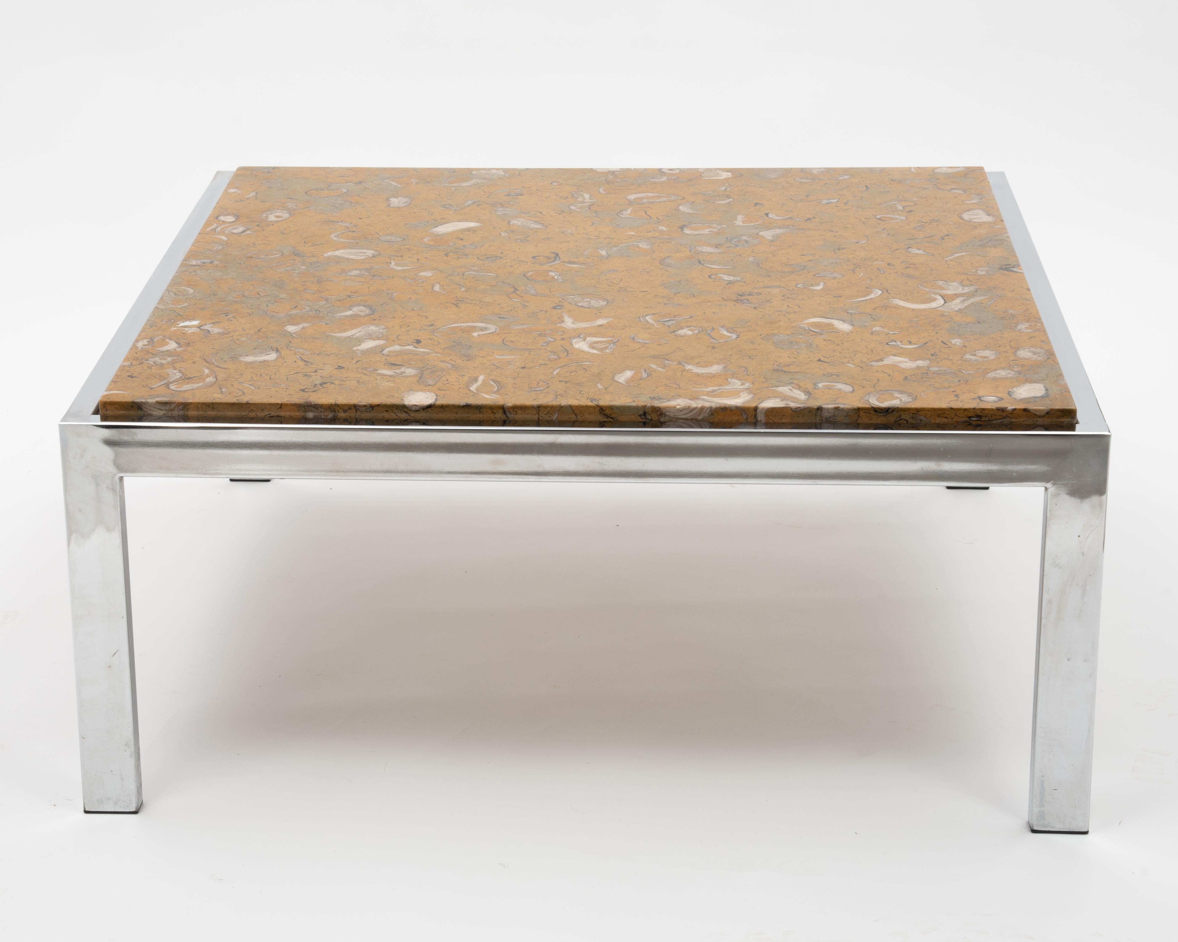 American Fossilized Marble Chrome Coffee Table Leon Rosen Pace Collection, 1970s For Sale