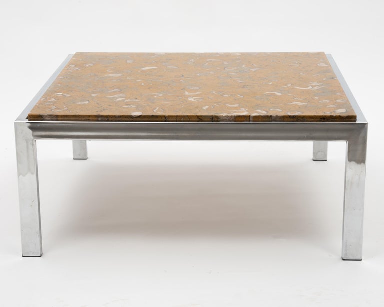 Fossilized Marble Chrome Coffee Table Leon Rosen Pace Collection, 1970s
