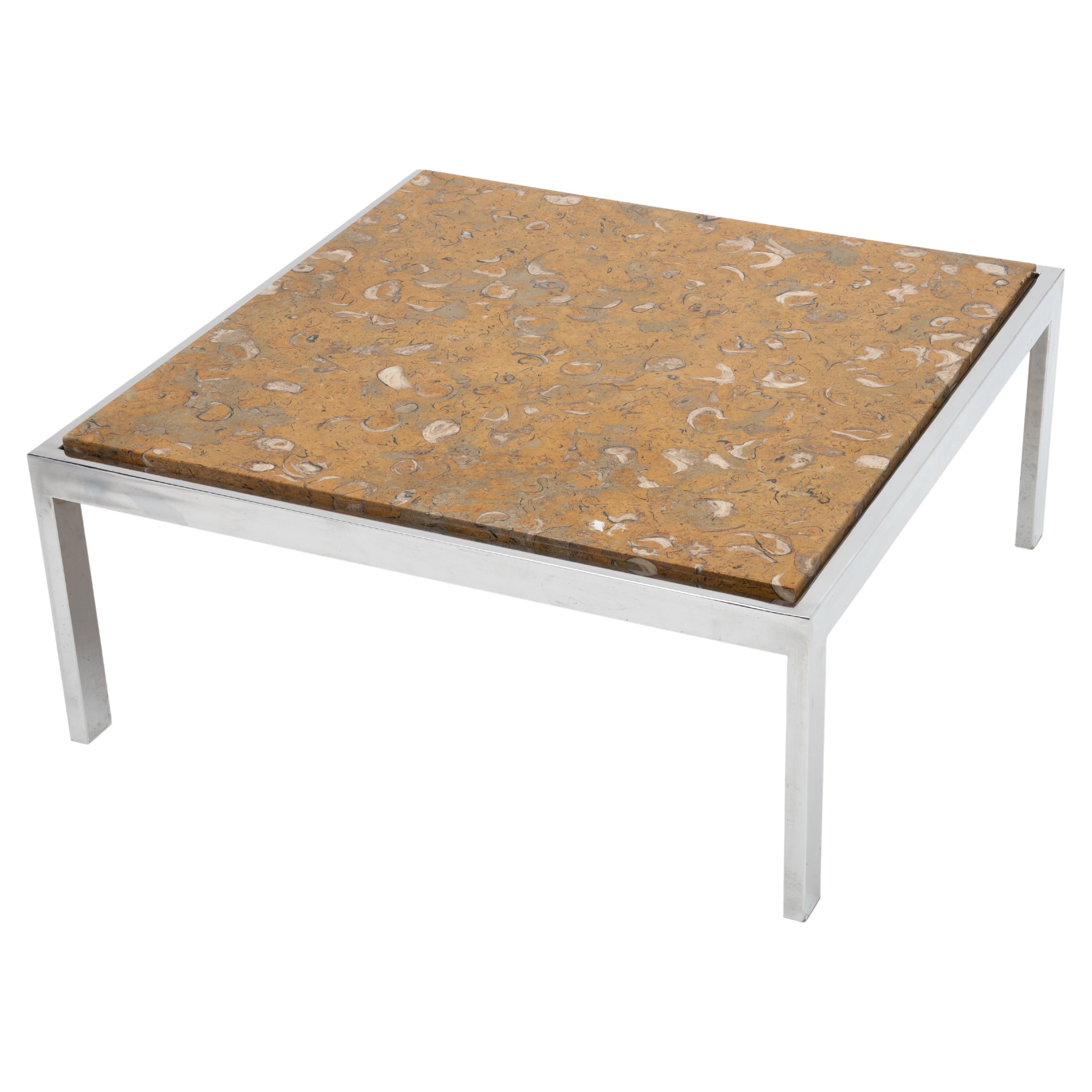 Fossilized Marble Chrome Coffee Table Leon Rosen Pace Collection, 1970s