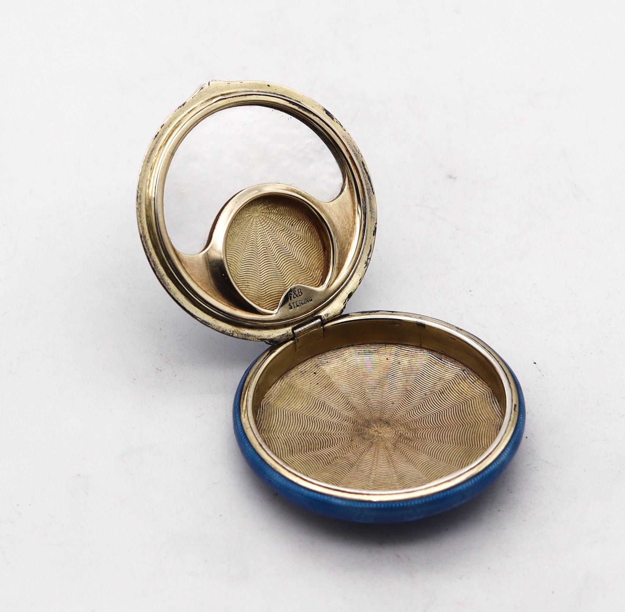 American Foster & Bailey 1925 Art Deco Guilloche Blue Enamel Round Box In .925 Sterling