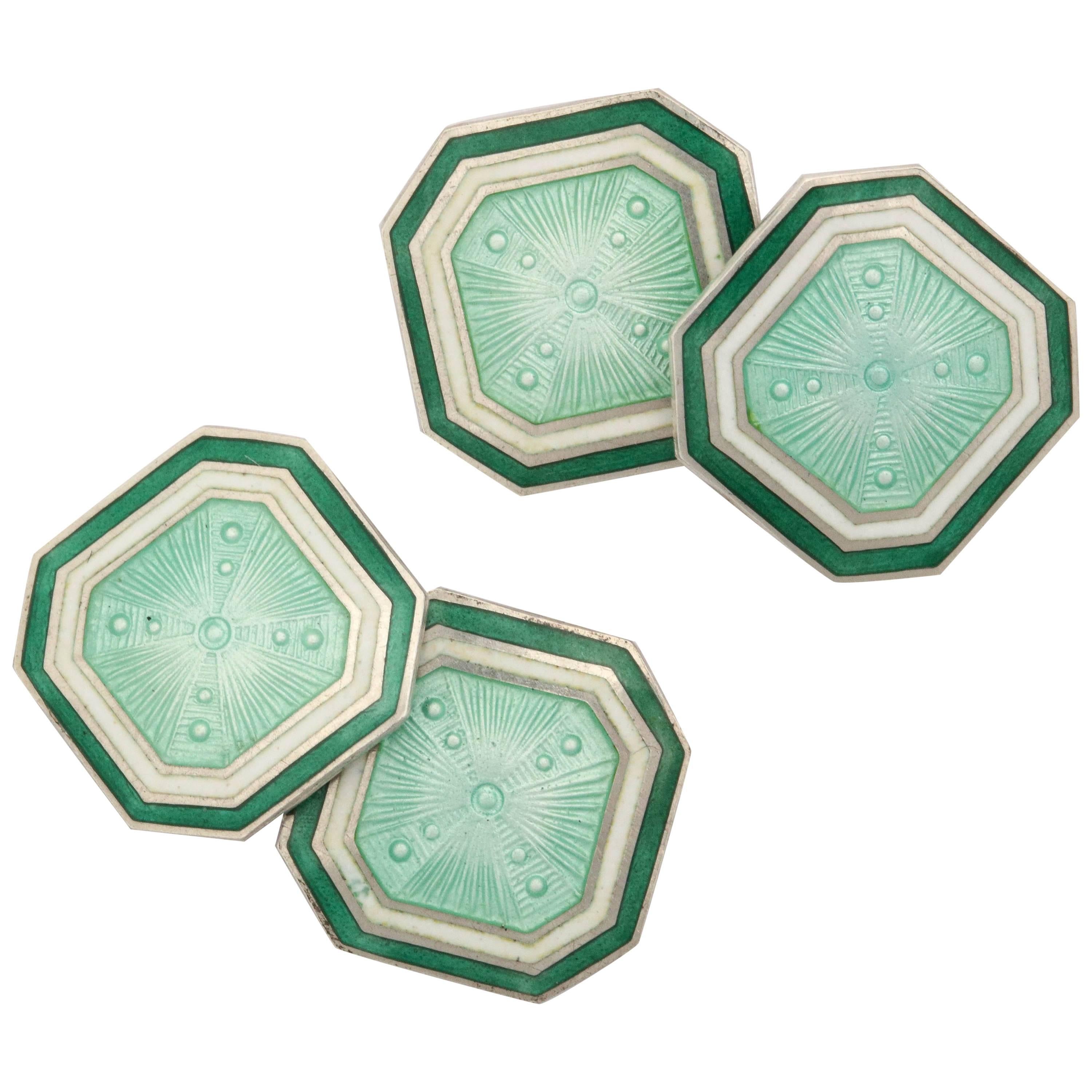 Foster 
Bailey American Art Deco Sterling Silver and Guilloche Enamel Cufflinks