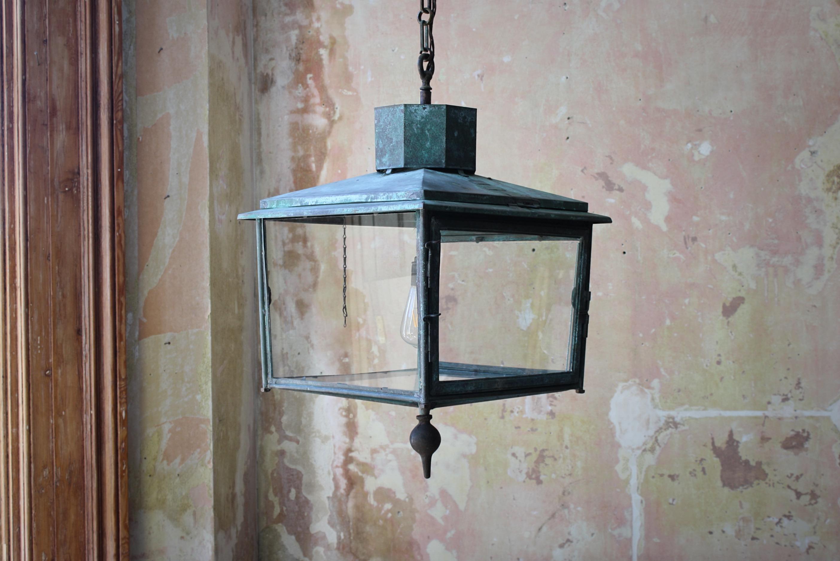 Foster & Pullen Large English Copper & Glazed Square Lantern Verdigris Light 7