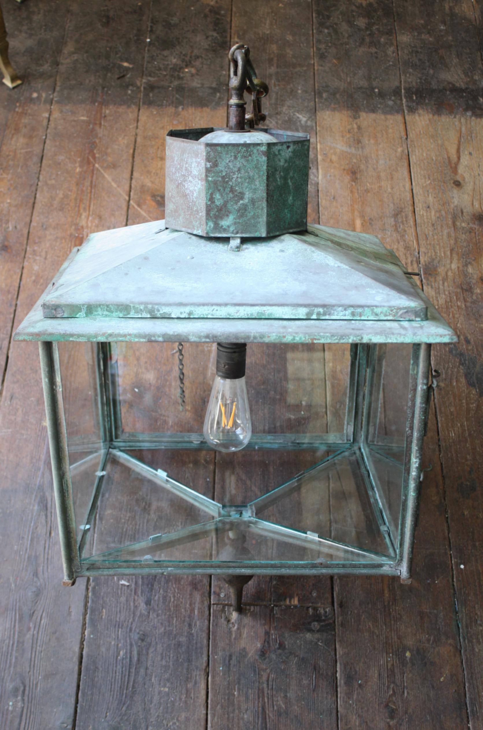 Foster & Pullen Large English Copper & Glazed Square Lantern Verdigris Light 12