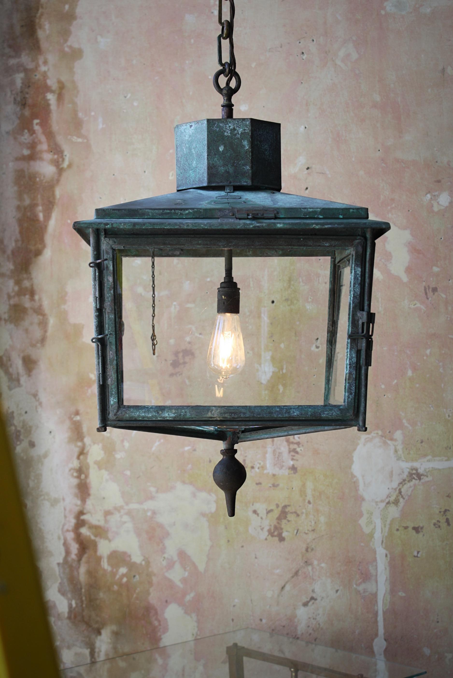 Foster & Pullen Large English Copper & Glazed Square Lantern Verdigris Light In Good Condition In Lowestoft, GB