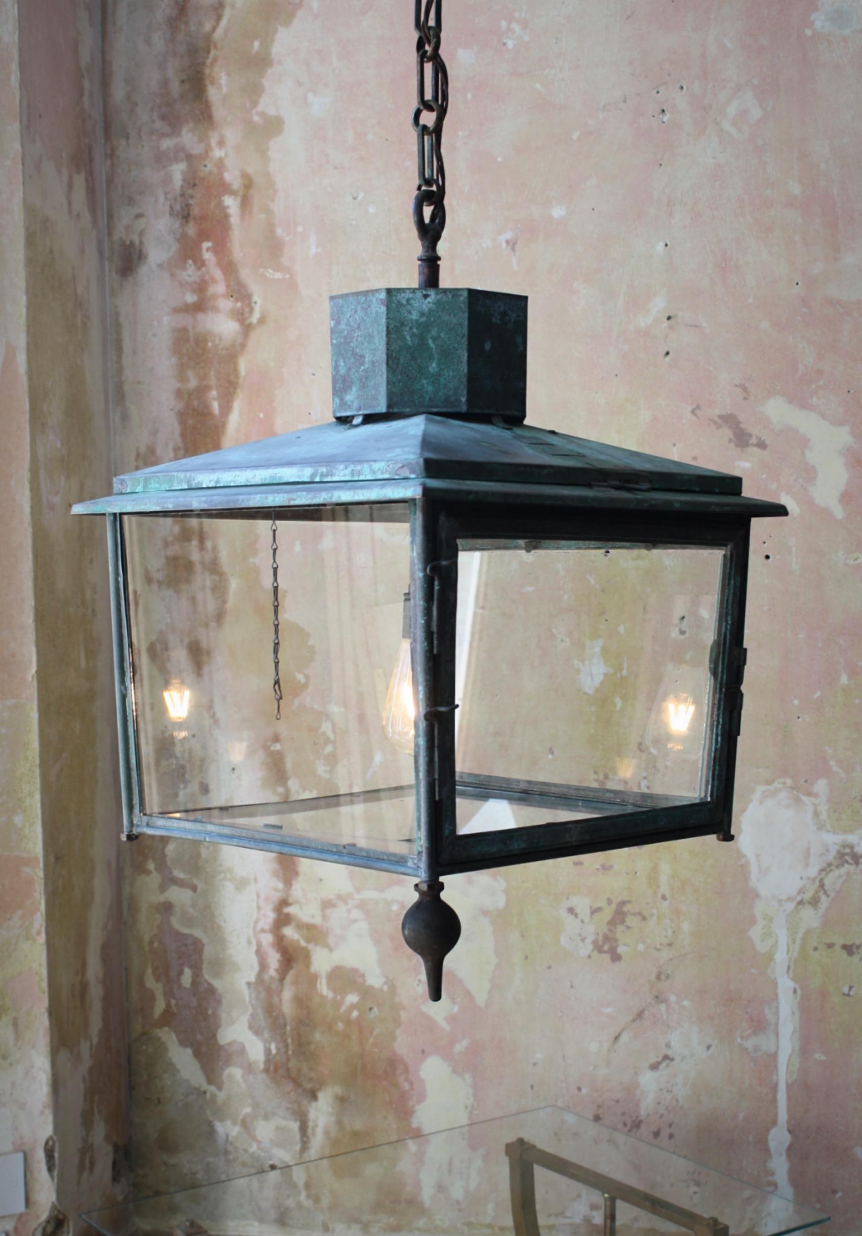 Foster & Pullen Large English Copper & Glazed Square Lantern Verdigris Light 4