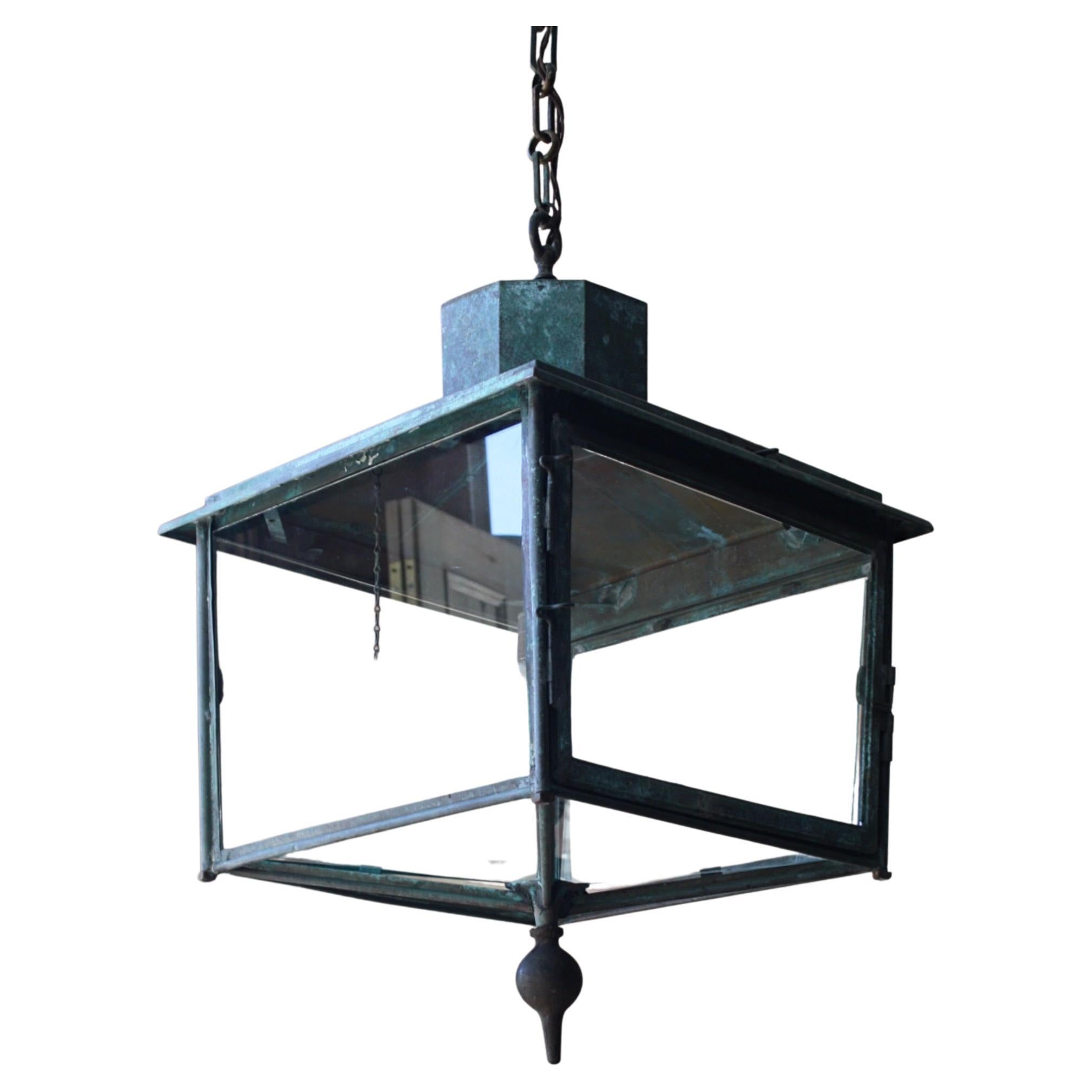 Foster & Pullen Large English Copper & Glazed Square Lantern Verdigris Light