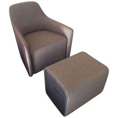 Foster Swivel Leather and Fabric Armchair with Low Back and Ottoman
