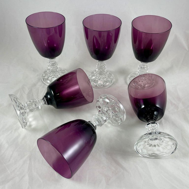 Molded Fostoria Early American Pressed & Blown Glass Lady American Amethyst Goblets S/6