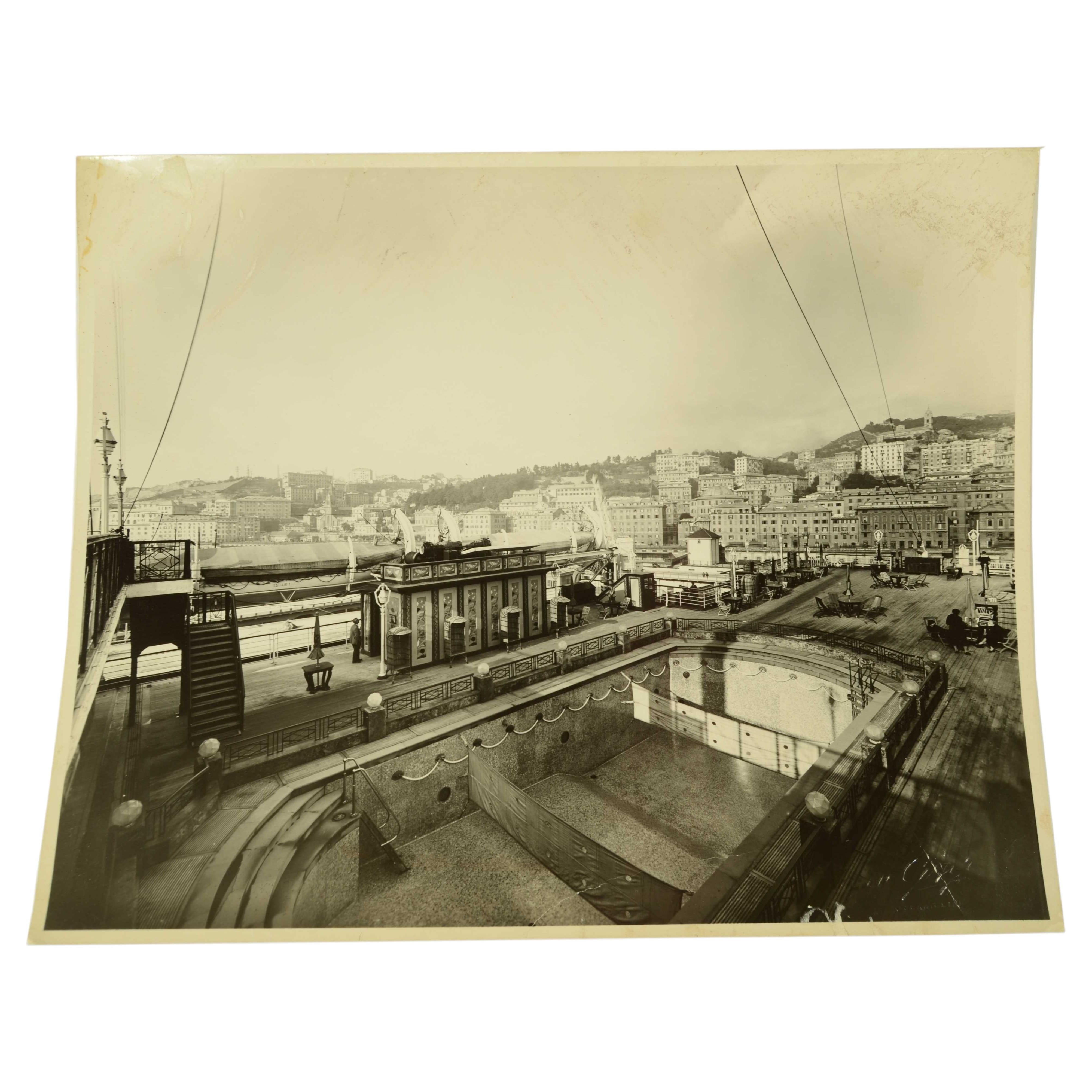 1st class pool photo of the Transatlantic REX with a view of Genoa city 1932 For Sale