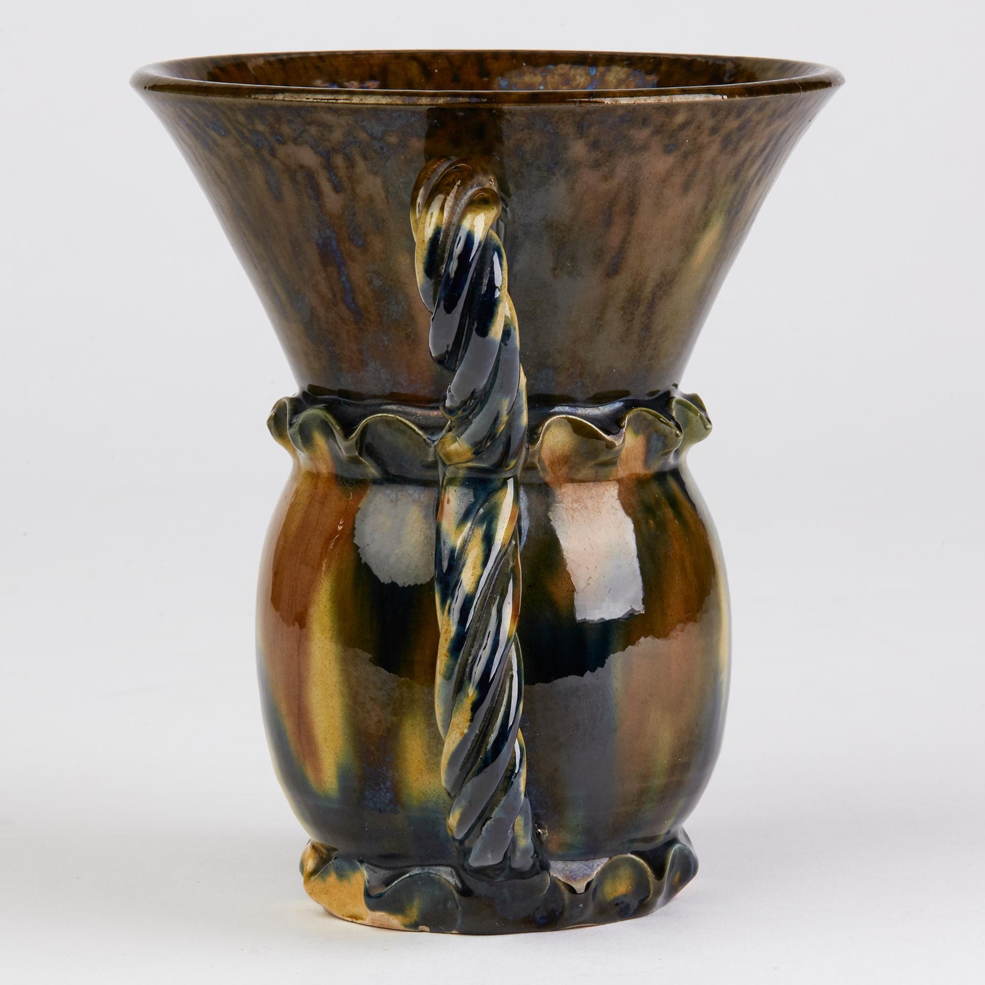 Foucard-Jourdan Vallauris French Twin Handled Streak Glazed Vase 3