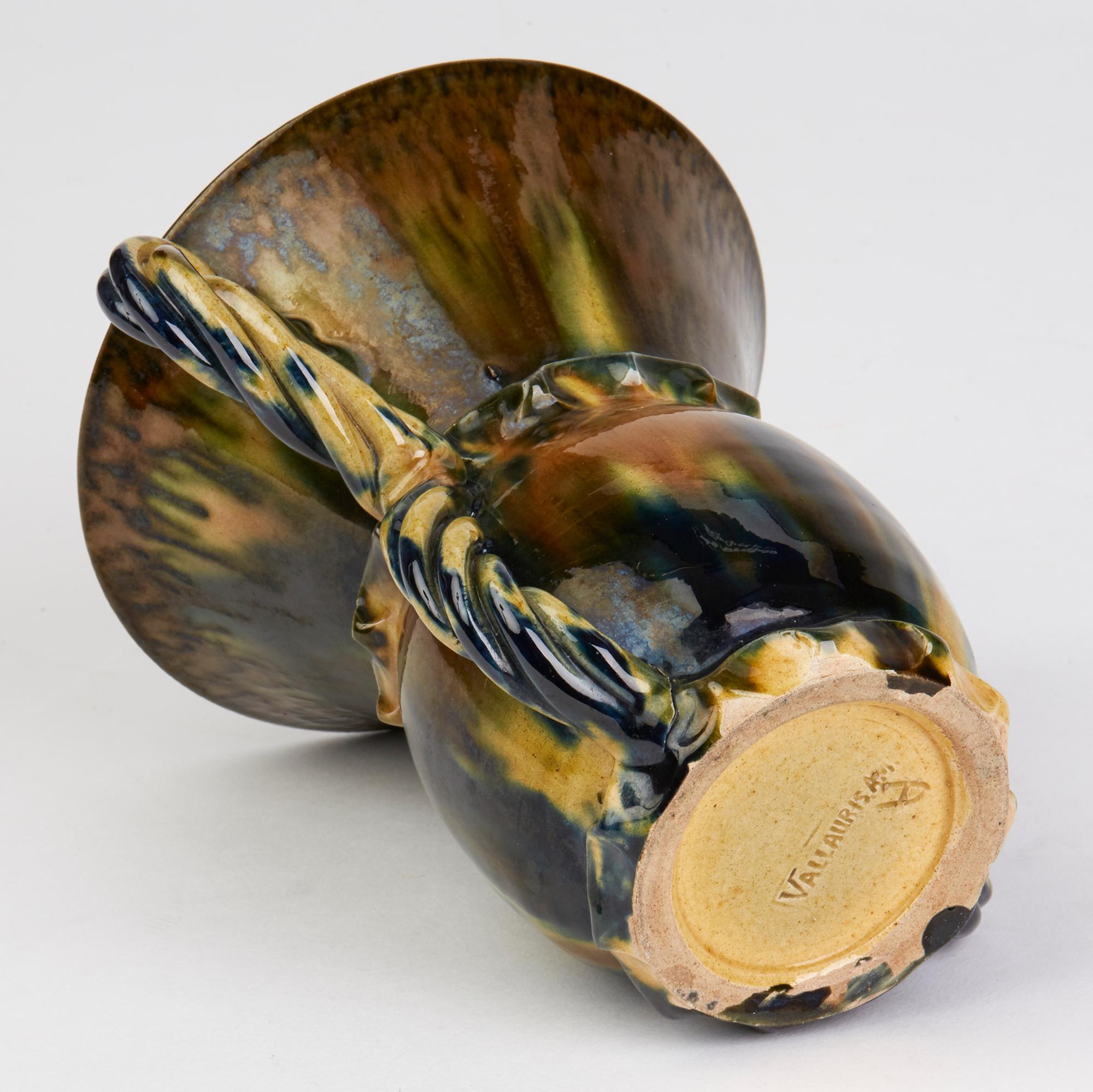 Pottery Foucard-Jourdan Vallauris French Twin Handled Streak Glazed Vase