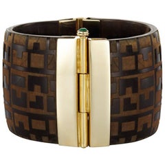 Fouché Art Deco Horn Emerald Ruby Sapphire Engraved Cuff Bracelet