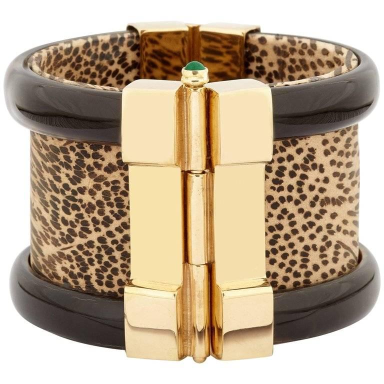 Fouché Cuff Leopard Bracelet Gold Horn Emerald Ruby Sapphire  For Sale