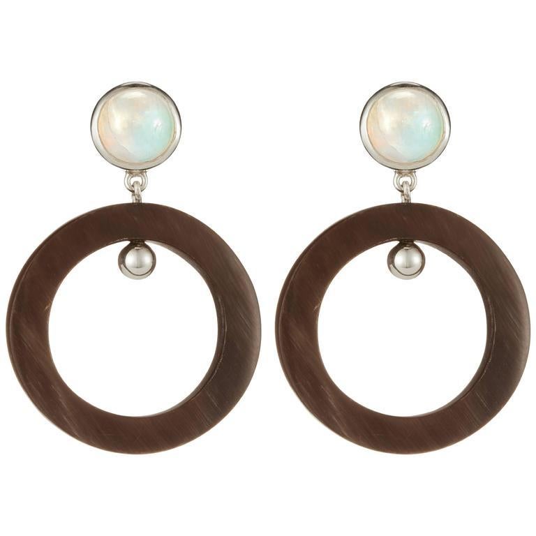 Fouche Art Deco Moonstone Horn Dangle Hoop Earrings In New Condition For Sale In London, GB