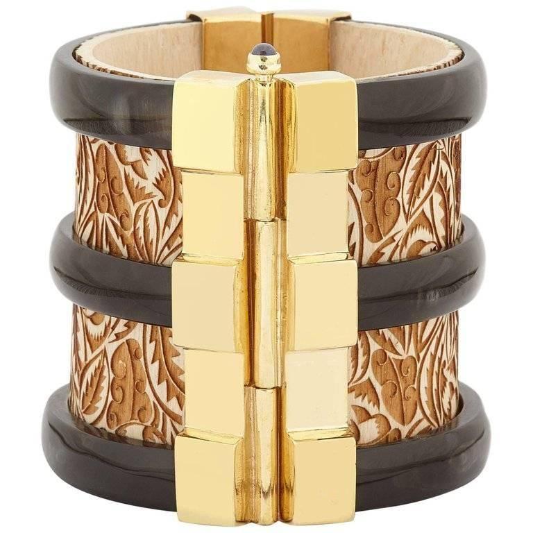 Contemporary Fouché Cuff Bracelet Diana Vreeland Gold Horn Sapphire Wood For Sale
