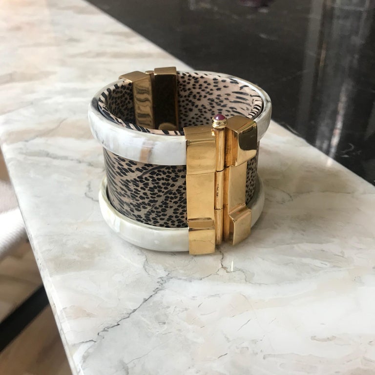 Contemporary Fouche Cuff Bracelet Gold Bespoke Emerald Leopard Ruby Wood Cuff For Sale
