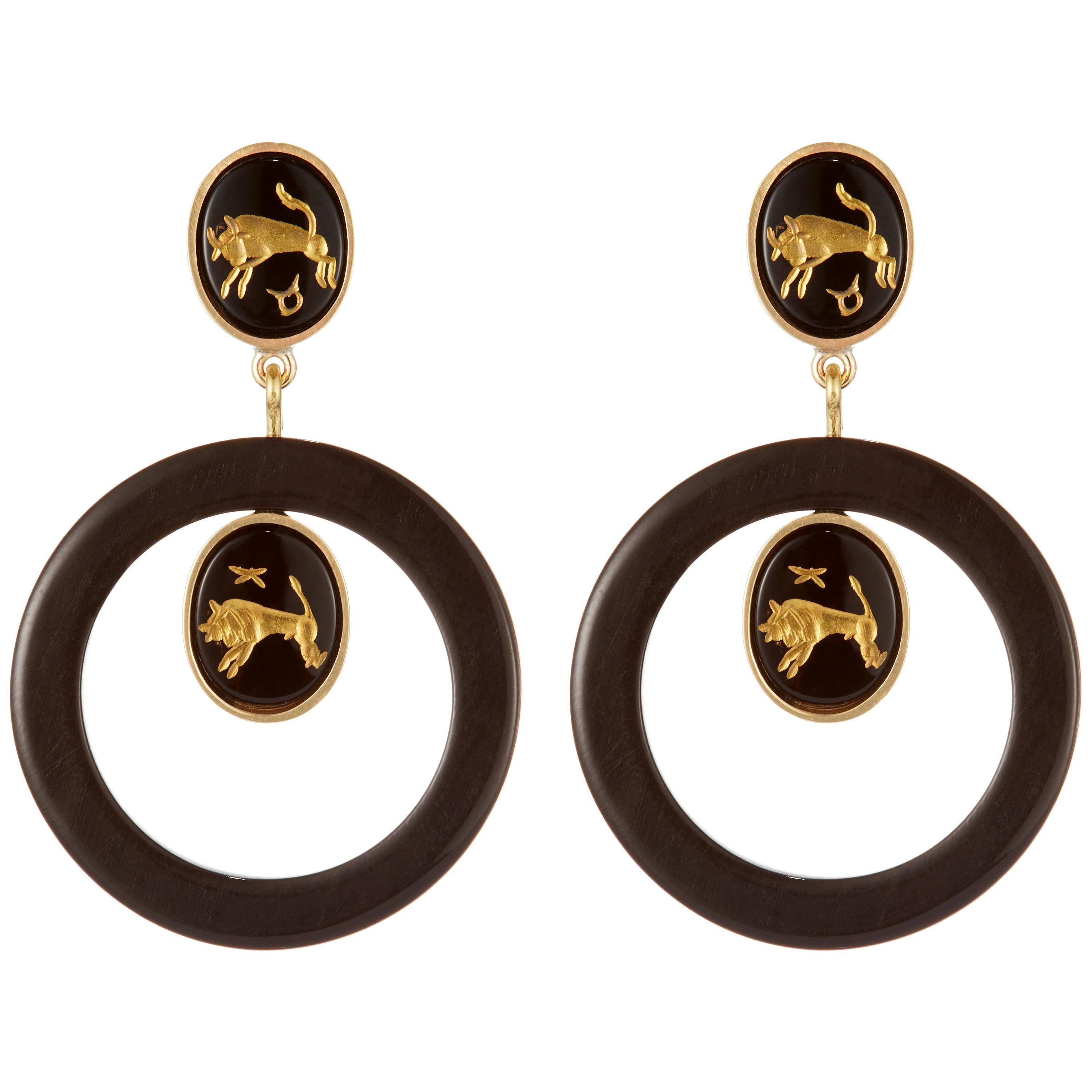Fouche Dangle Hoop Horn Onyx Earrings For Sale