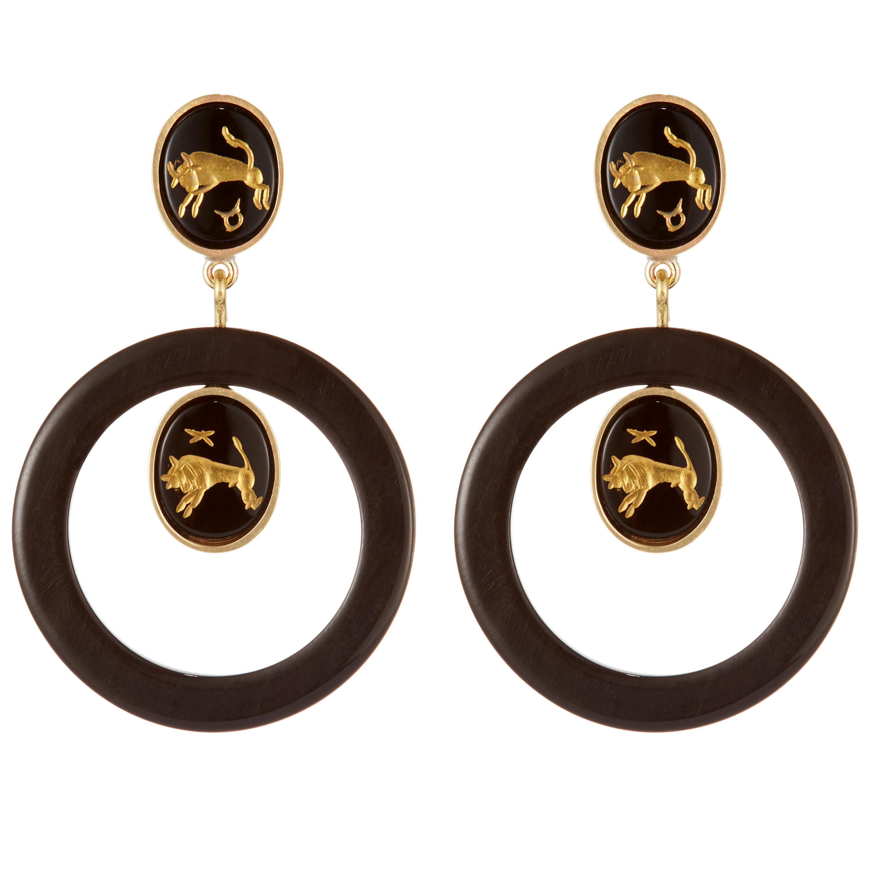 Fouche Onyx Dangle Hoop Horn Earrings For Sale
