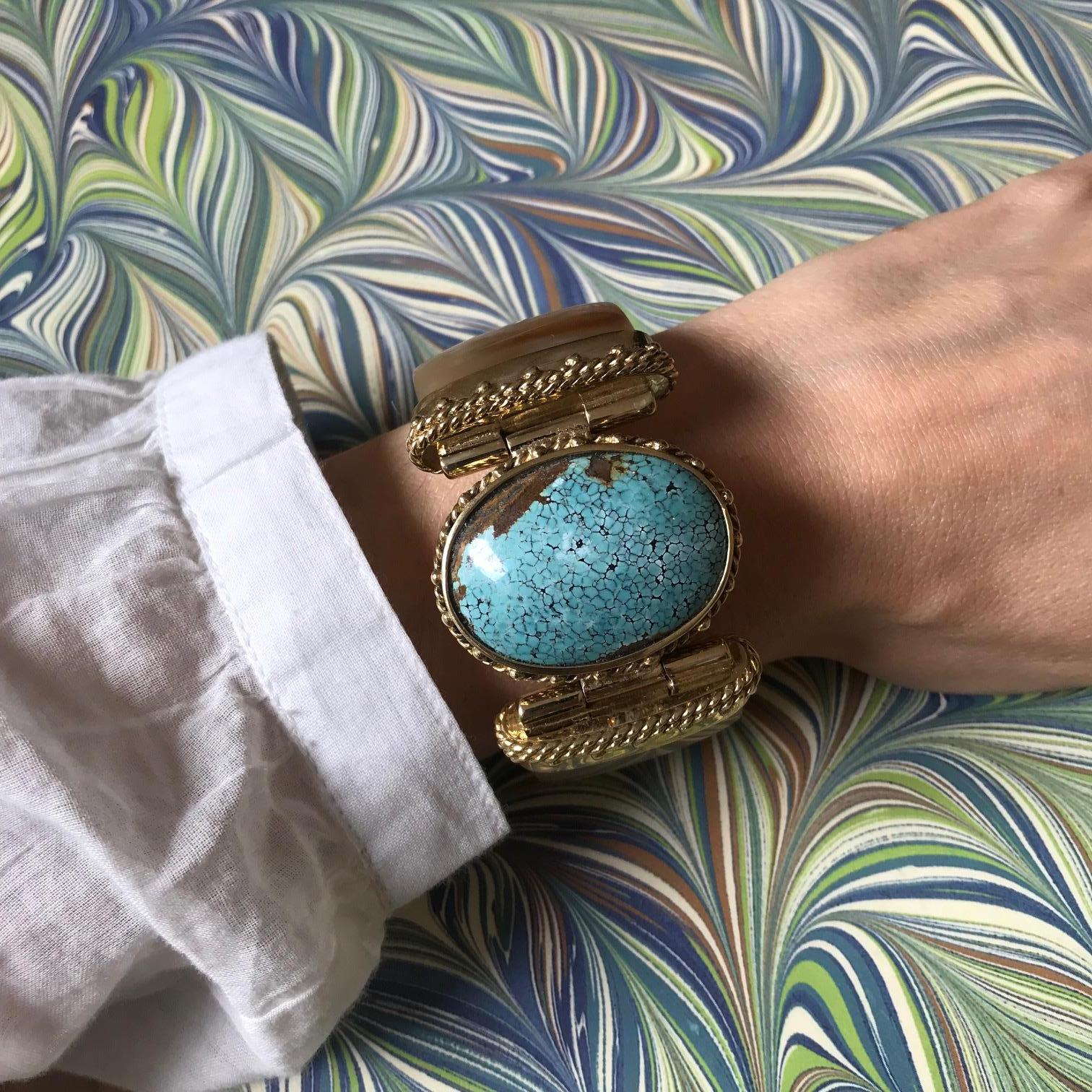 Fouche Turquoise Gold Horn Bangle Cuff In New Condition For Sale In London, GB
