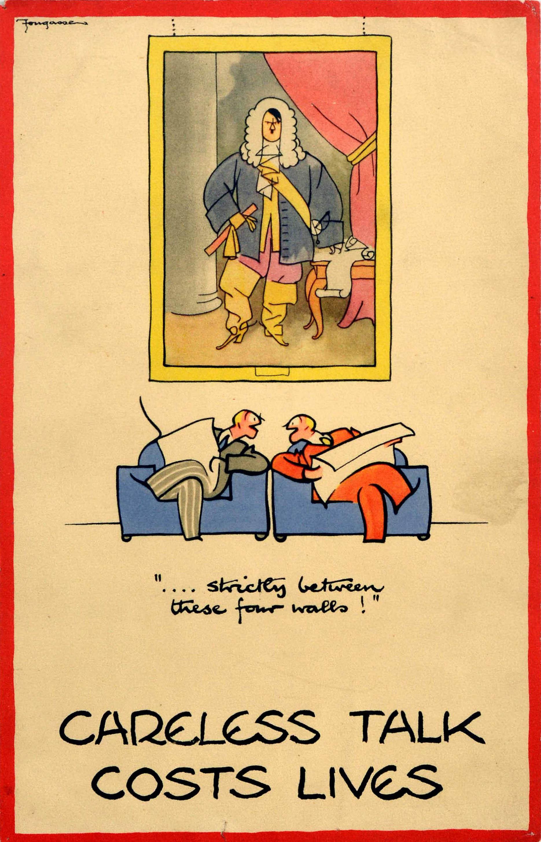 Fougasse (Cyril Kenneth Bird) Print - Original Vintage Poster Between These Four Walls Careless Talk Costs Lives WWII