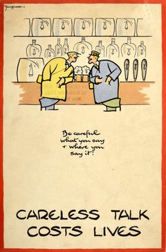 Affiche vintage d'origine Careless Talk Costs Lives de la Seconde Guerre mondiale:: Dessin d'un pub et une bière:: Warning