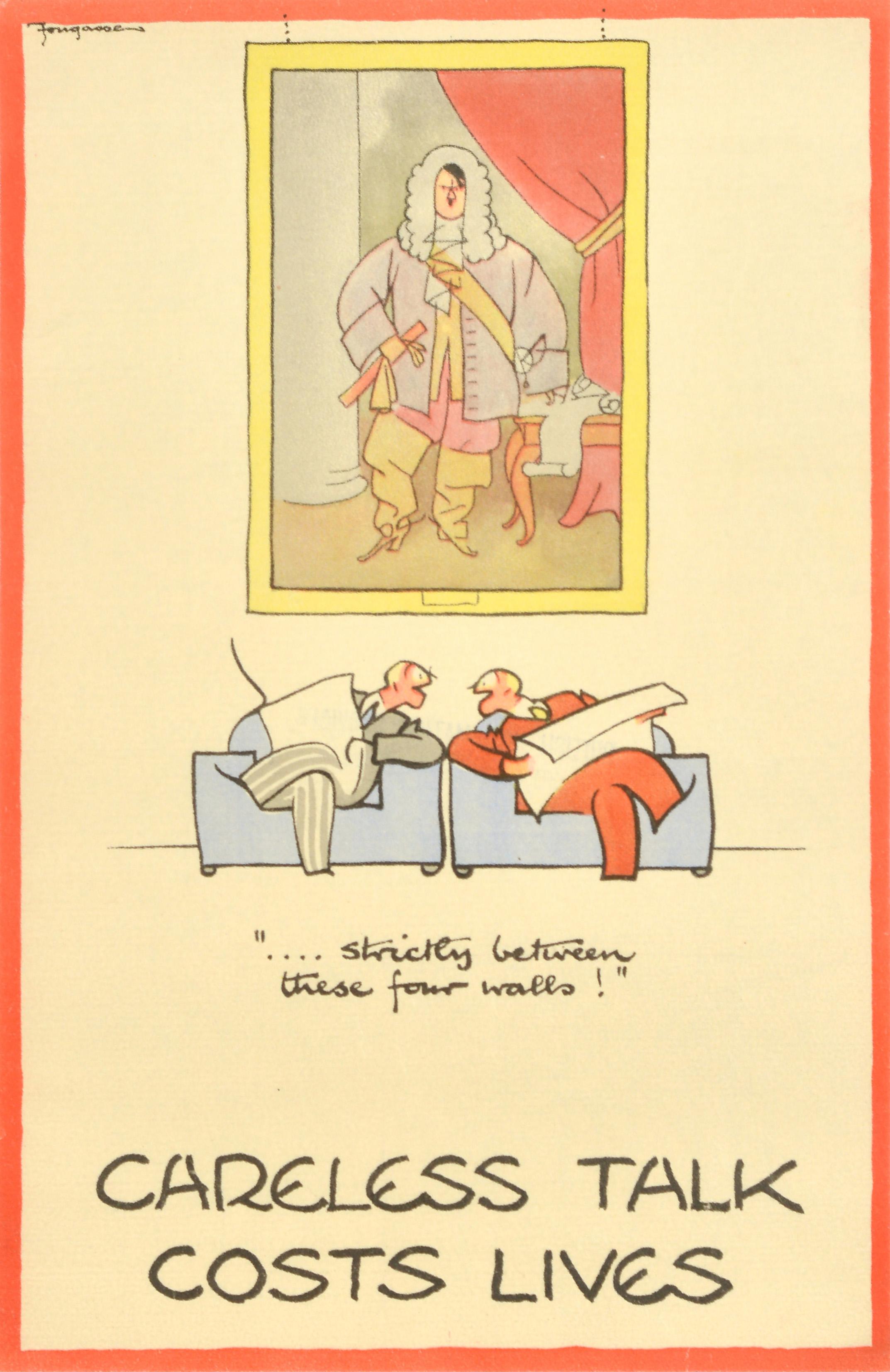 Print de Fougasse (Cyril Kenneth Bird) - Original Vintage Cartel de Guerra Hablar sin cuidado cuesta vidas Cuatro paredes Segunda Guerra Mundial Fougasse