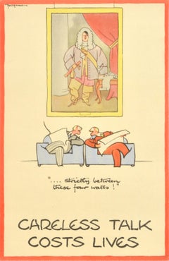 Affiche vintage d'origine de la Seconde Guerre mondiale - « Careless Talk Costs Lives Four Walls » - Fougasse