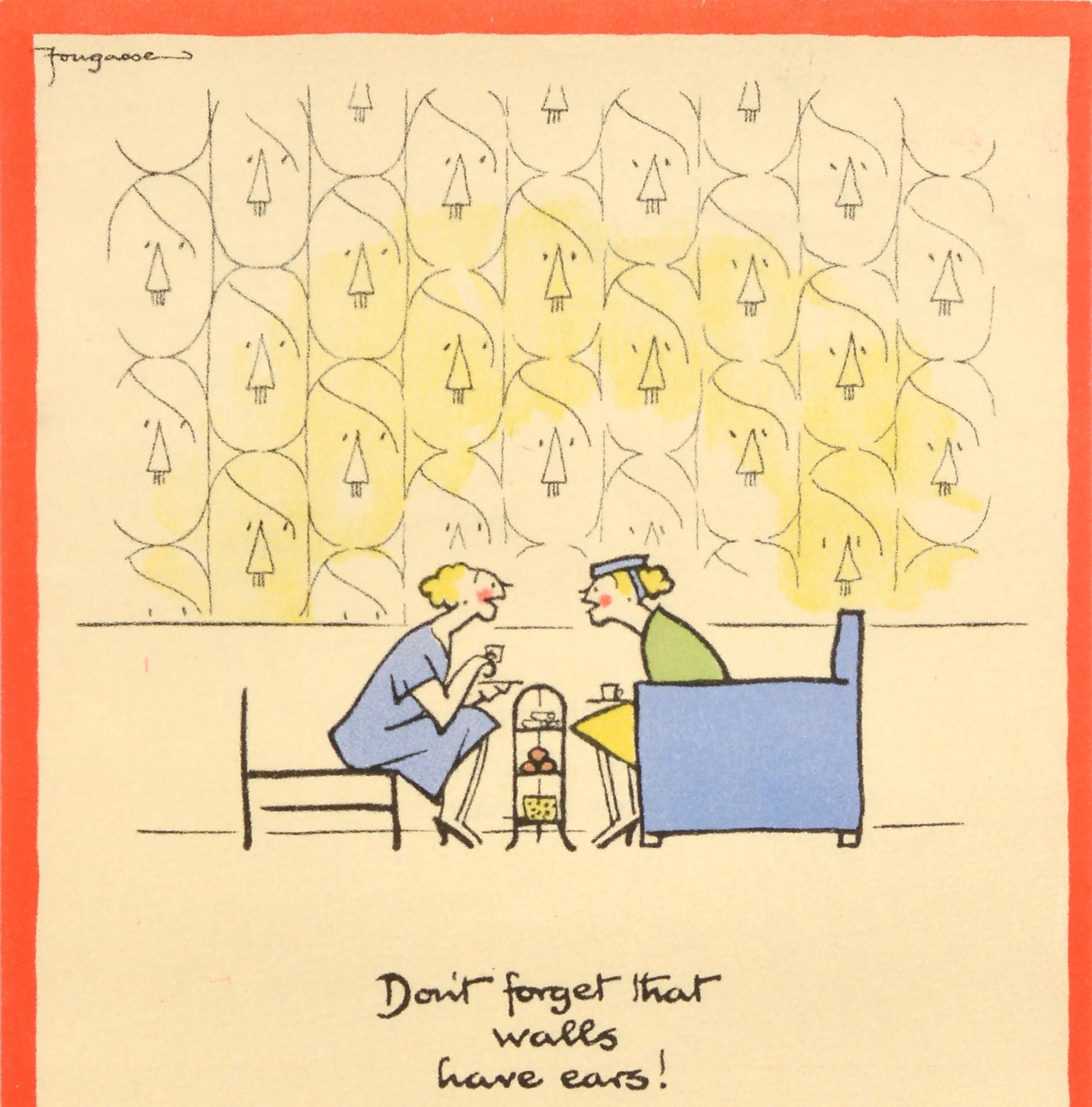 Cartel original de época de la Segunda Guerra Mundial del notable dibujante e ilustrador británico Fougasse (Cyril Kenneth Bird; 1887-1965), uno de los carteles de la popular serie de propaganda bélica Hablar sin cuidado cuesta vidas, publicada por