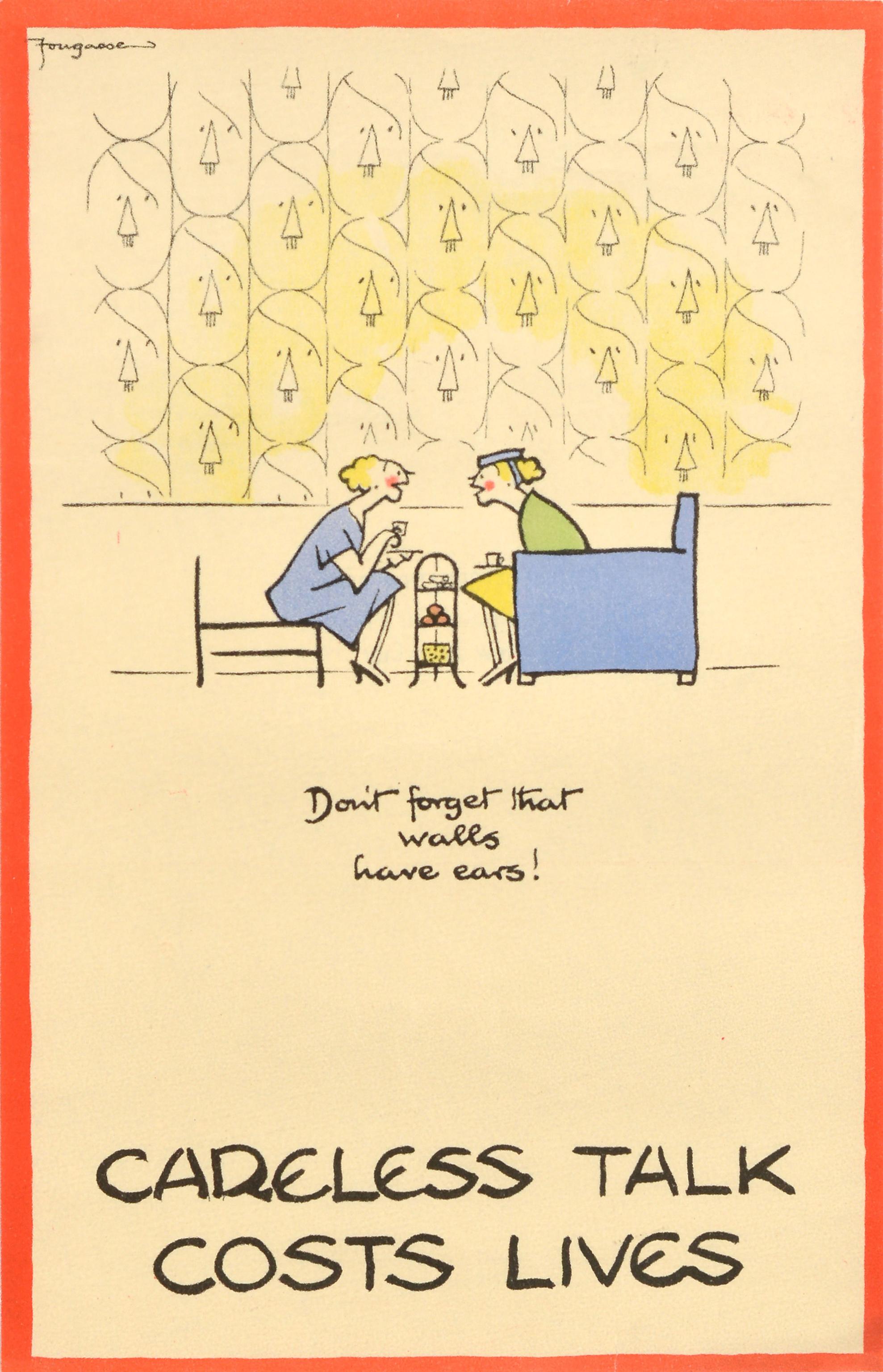 Print de Fougasse (Cyril Kenneth Bird) - Original Vintage Cartel de Guerra Hablar sin cuidado cuesta vidas Las paredes tienen oídos Segunda Guerra Mundial