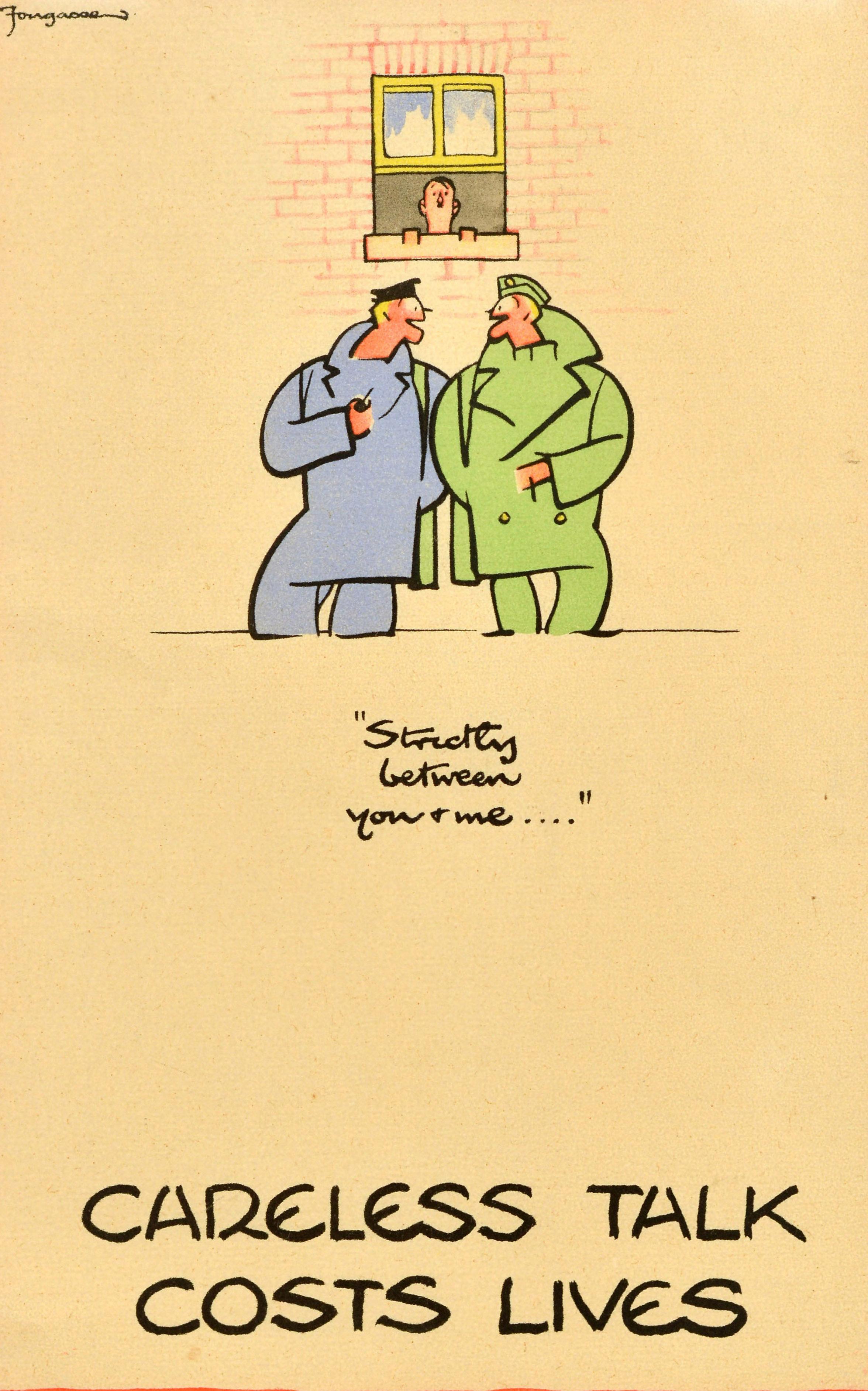 Original Vintage Cartel de Guerra Careless Talk Strictly Between You and Me Segunda Guerra Mundial - Print de Fougasse (Cyril Kenneth Bird)