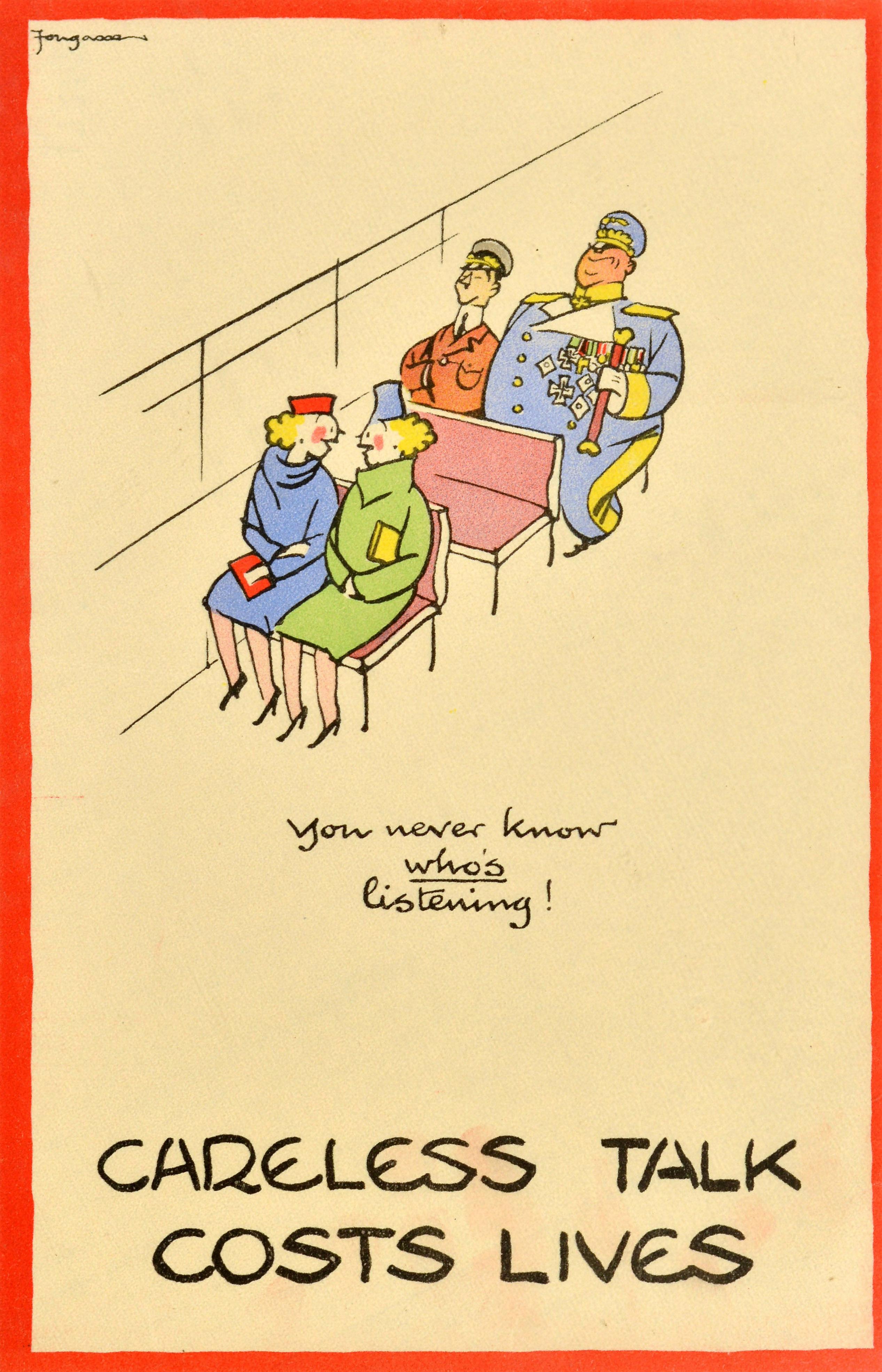 Print di Fougasse (Cyril Kenneth Bird) - Poster originale d'epoca della Seconda Guerra Mondiale Parlare senza pensieri Trasporto Fougasse WWII